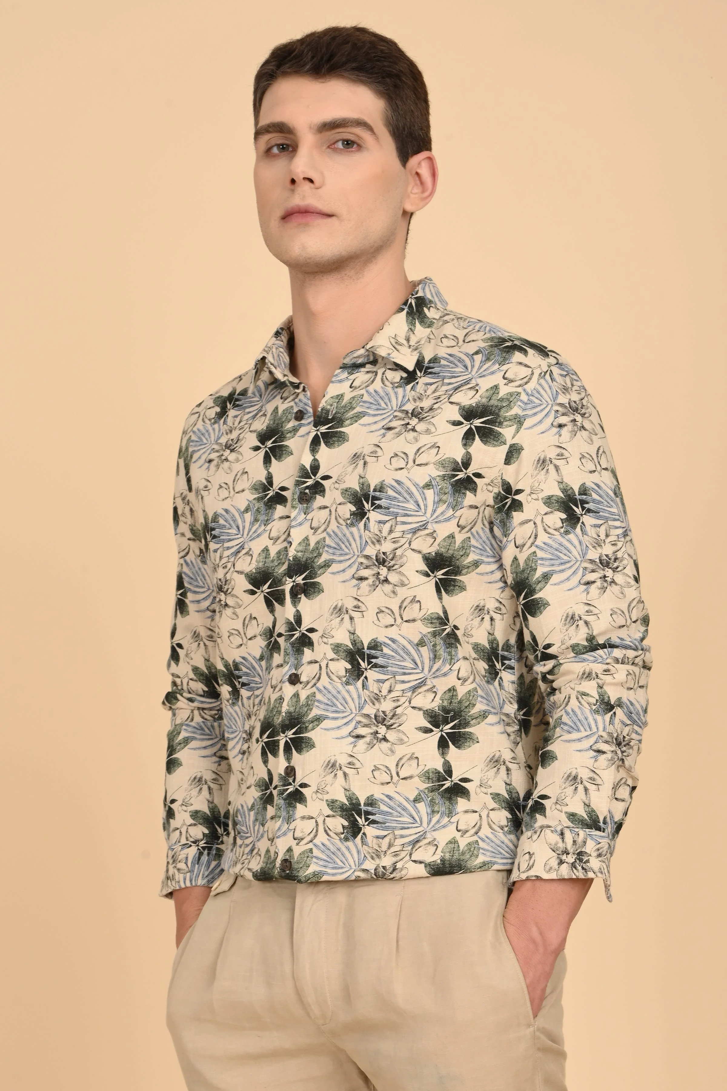 Men Flourish Cotton Slub Printed Shirt Green - Image 2