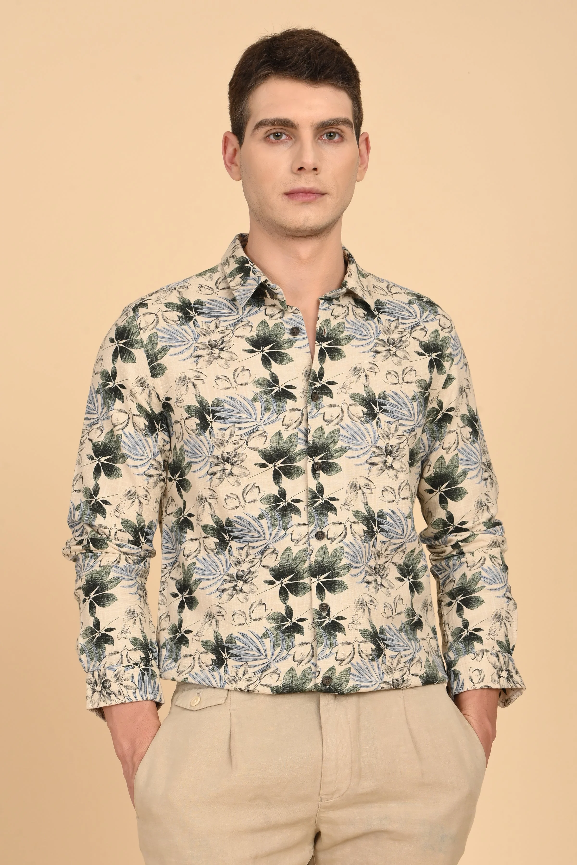 Men Flourish Cotton Slub Printed Shirt Green - Image 3