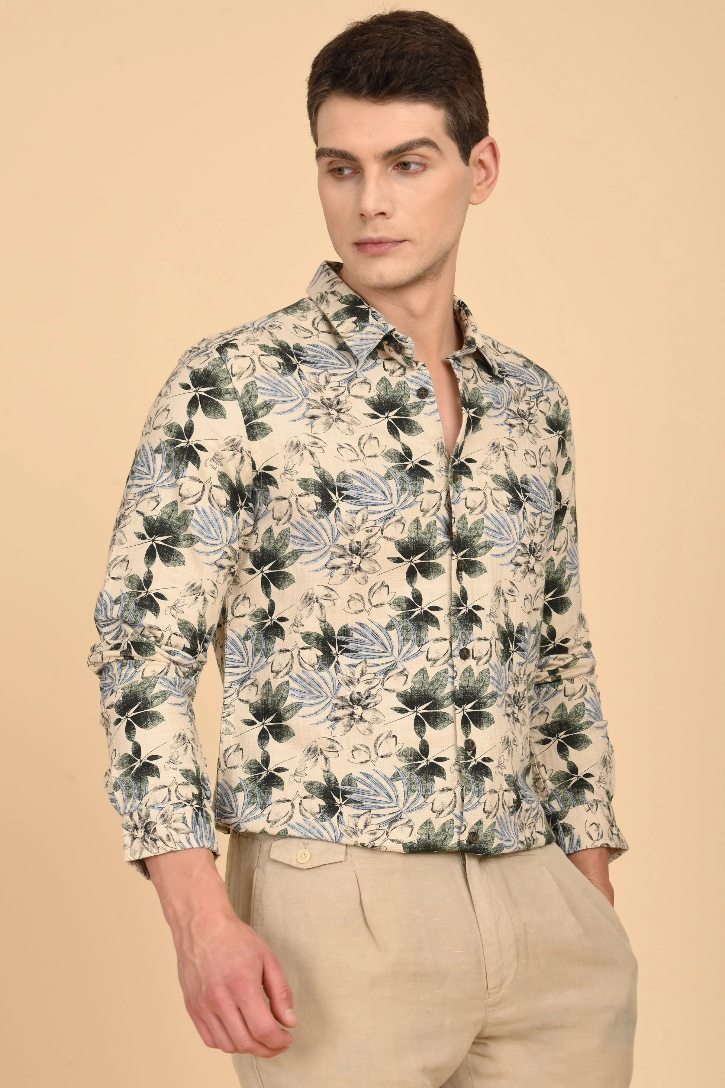 Men Flourish Cotton Slub Printed Shirt Green - Image 4