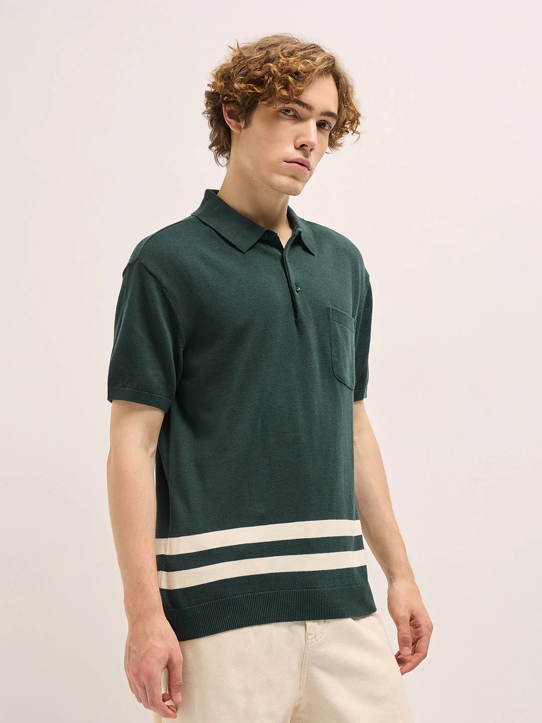 Men Forest Green Solid Regular Fit Polo - Image 3
