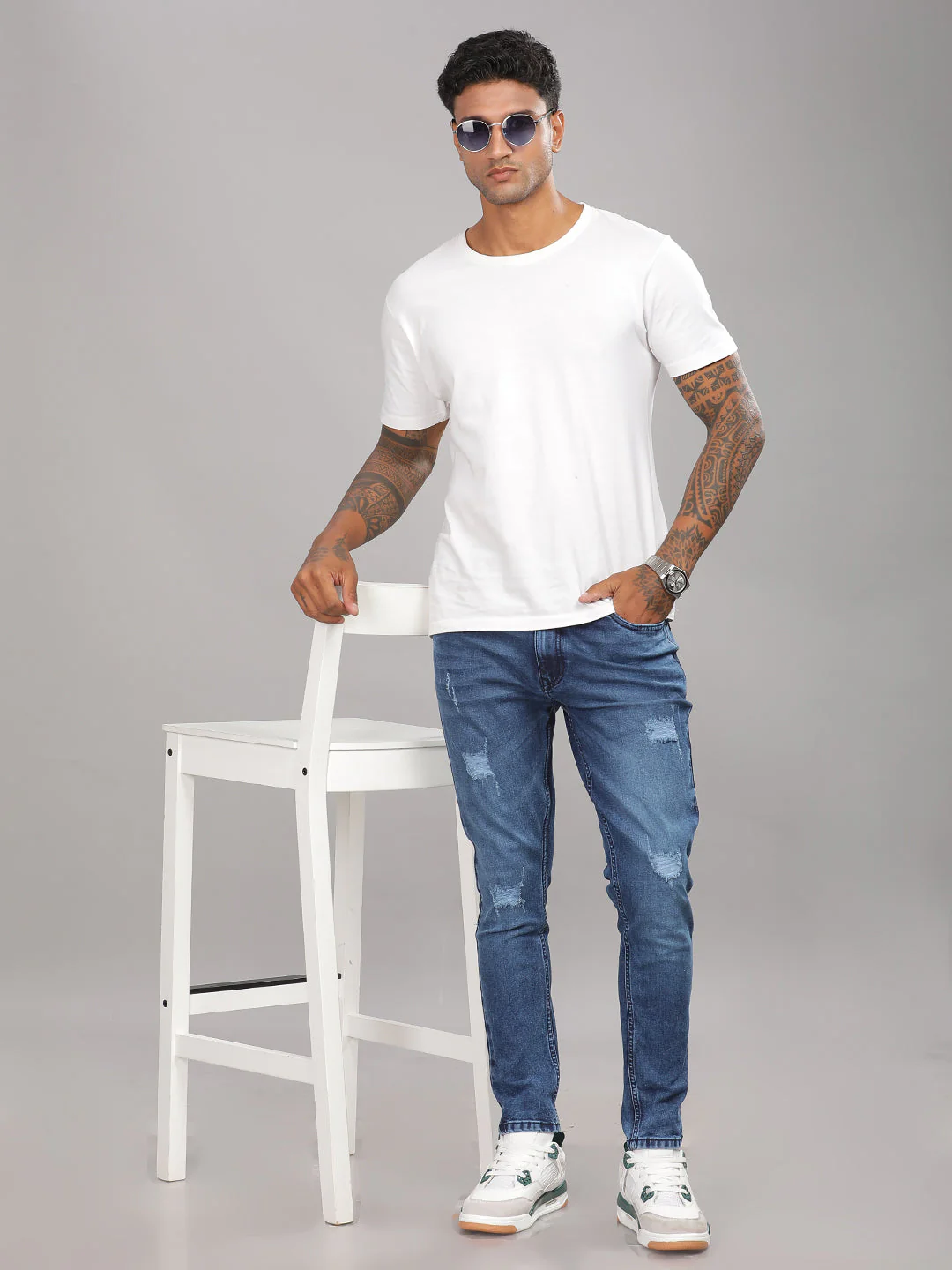 Men Frayed Blue Jeans - Image 6