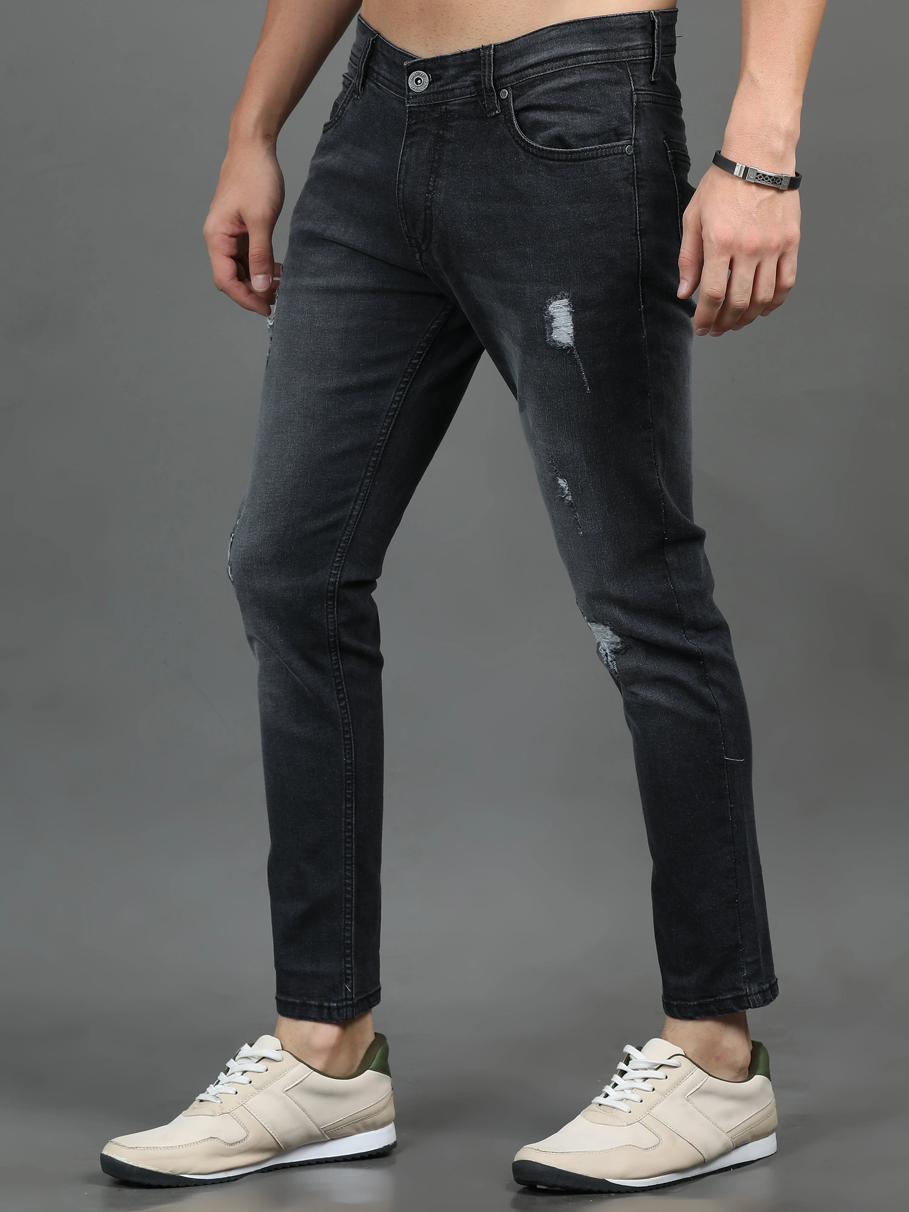 Men Frayed Charcoal Jeans - Image 4