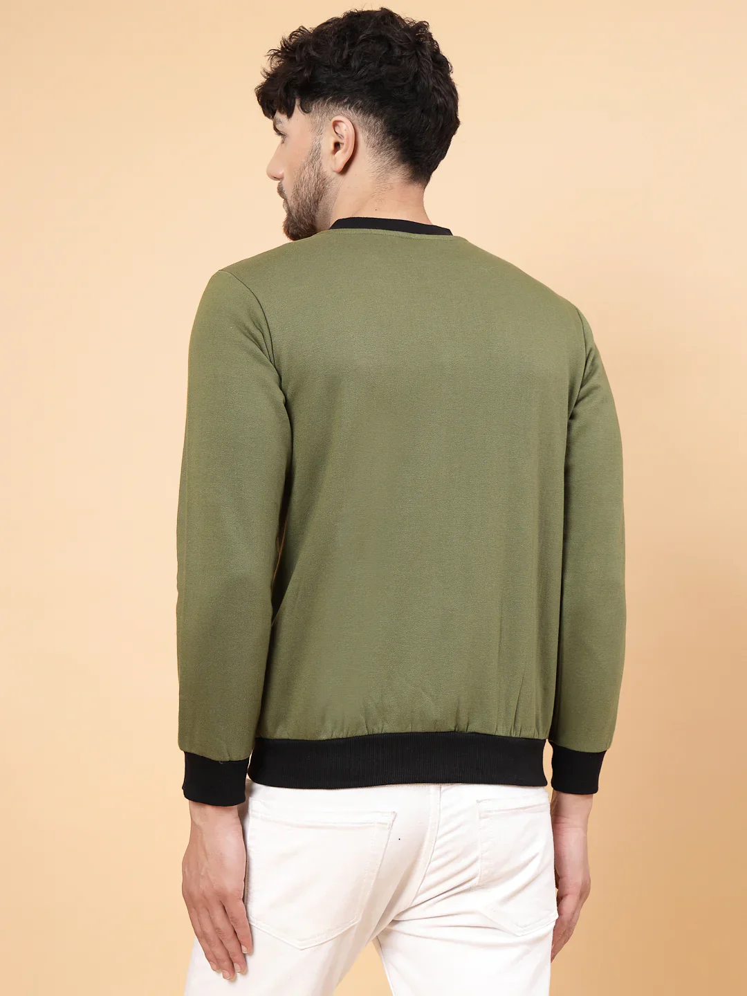 Men Front Zip With Mandarin Collar Fleece Bomber Jacket - Image 2