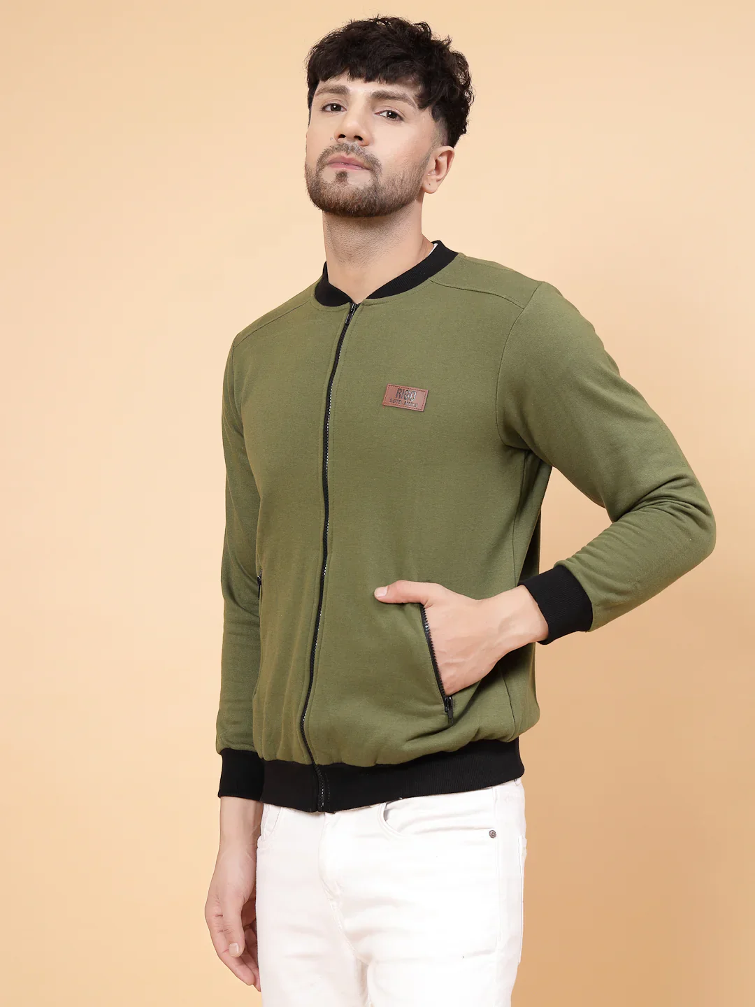 Men Front Zip With Mandarin Collar Fleece Bomber Jacket - Image 3