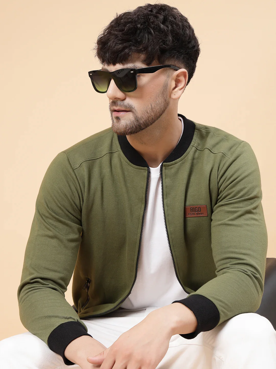 Men Front Zip With Mandarin Collar Fleece Bomber Jacket - Image 4