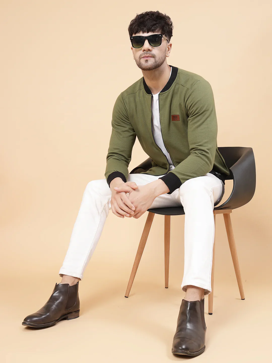 Men Front Zip With Mandarin Collar Fleece Bomber Jacket - Image 5