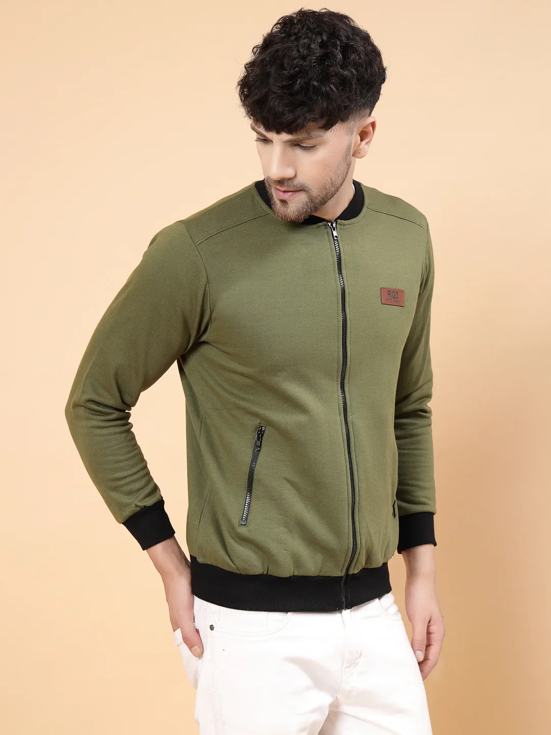 Men Front Zip With Mandarin Collar Fleece Bomber Jacket - Image 6