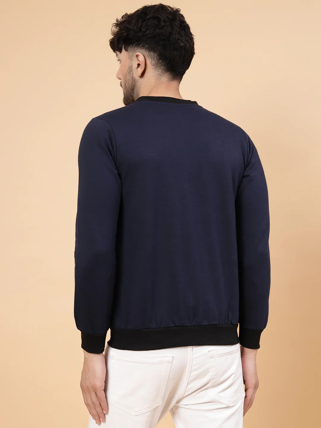 Men Front Zip With Mandarin Collar Fleece Bomber Jacket - Image 2