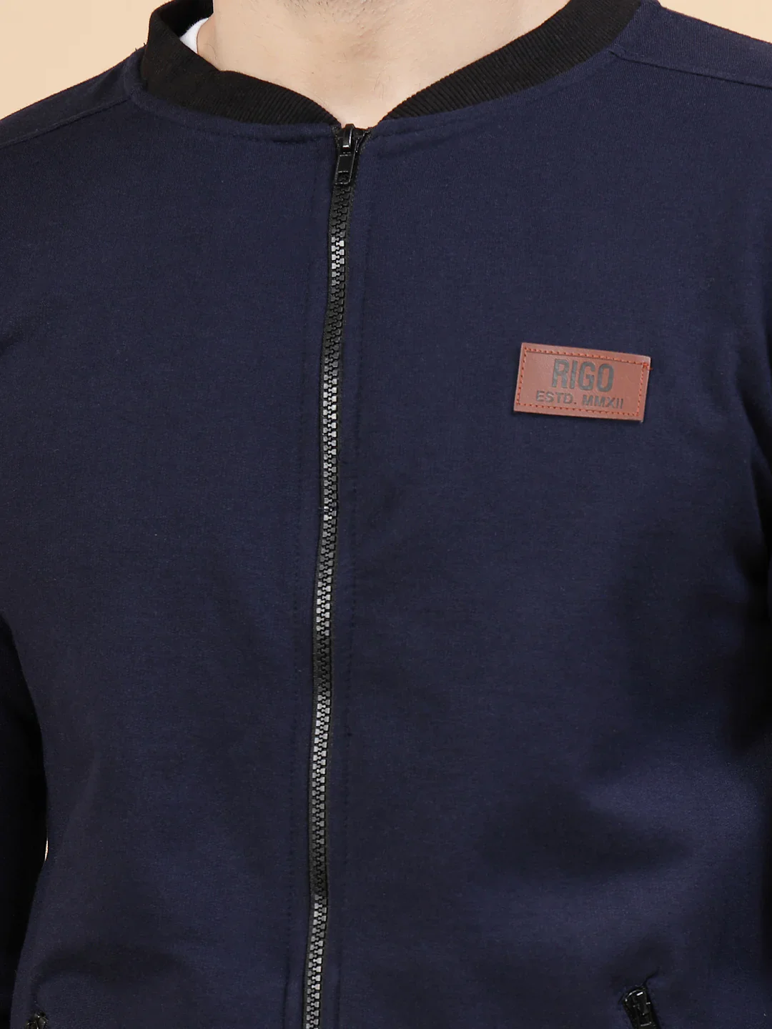 Men Front Zip With Mandarin Collar Fleece Bomber Jacket - Image 3