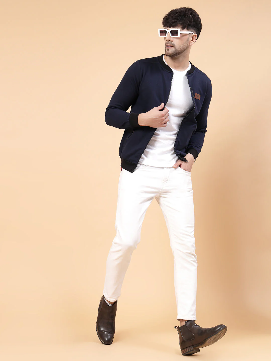Men Front Zip With Mandarin Collar Fleece Bomber Jacket - Image 4