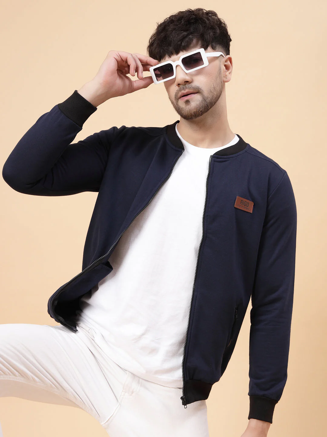 Men Front Zip With Mandarin Collar Fleece Bomber Jacket - Image 5