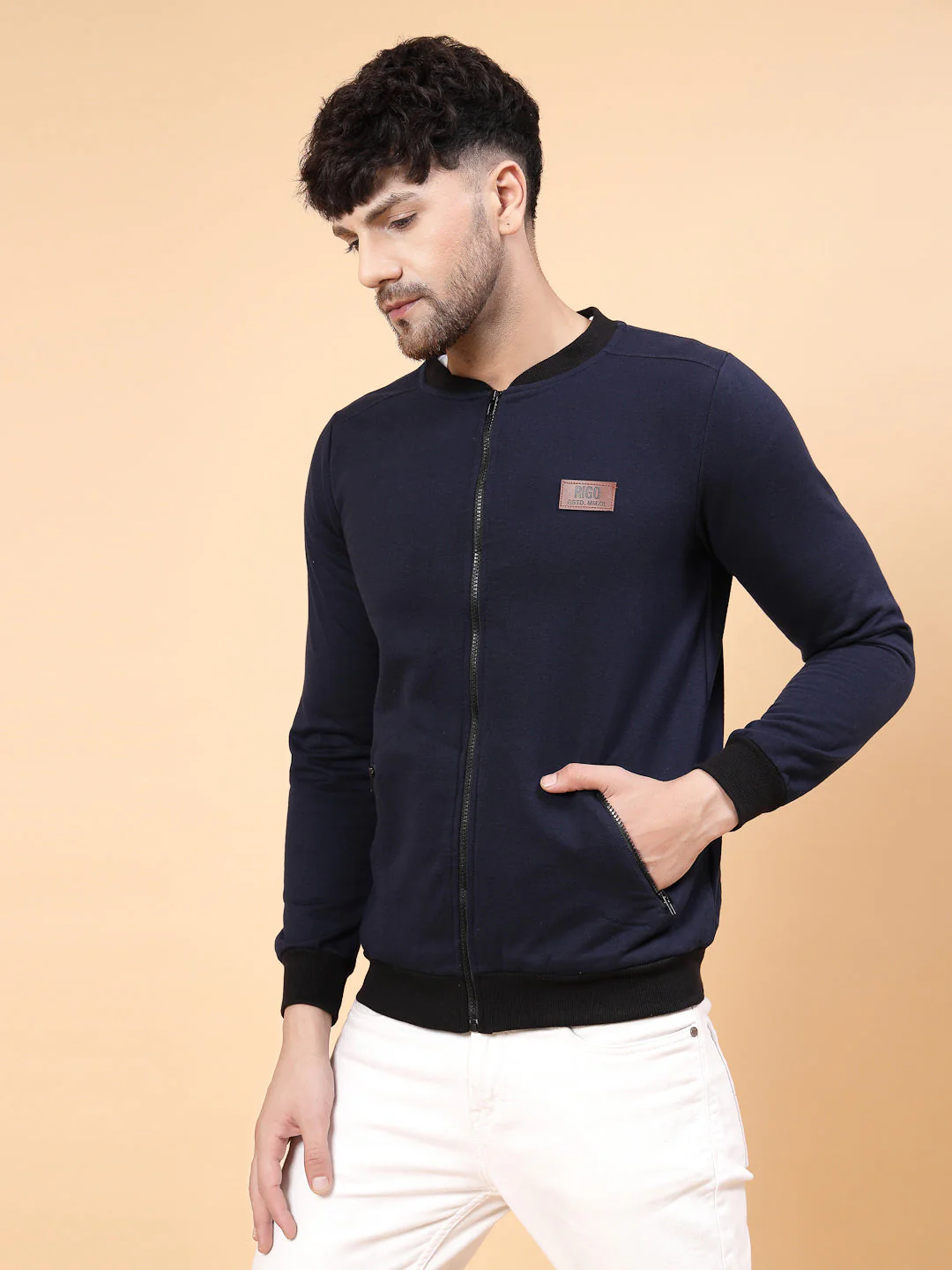 Men Front Zip With Mandarin Collar Fleece Bomber Jacket - Image 6