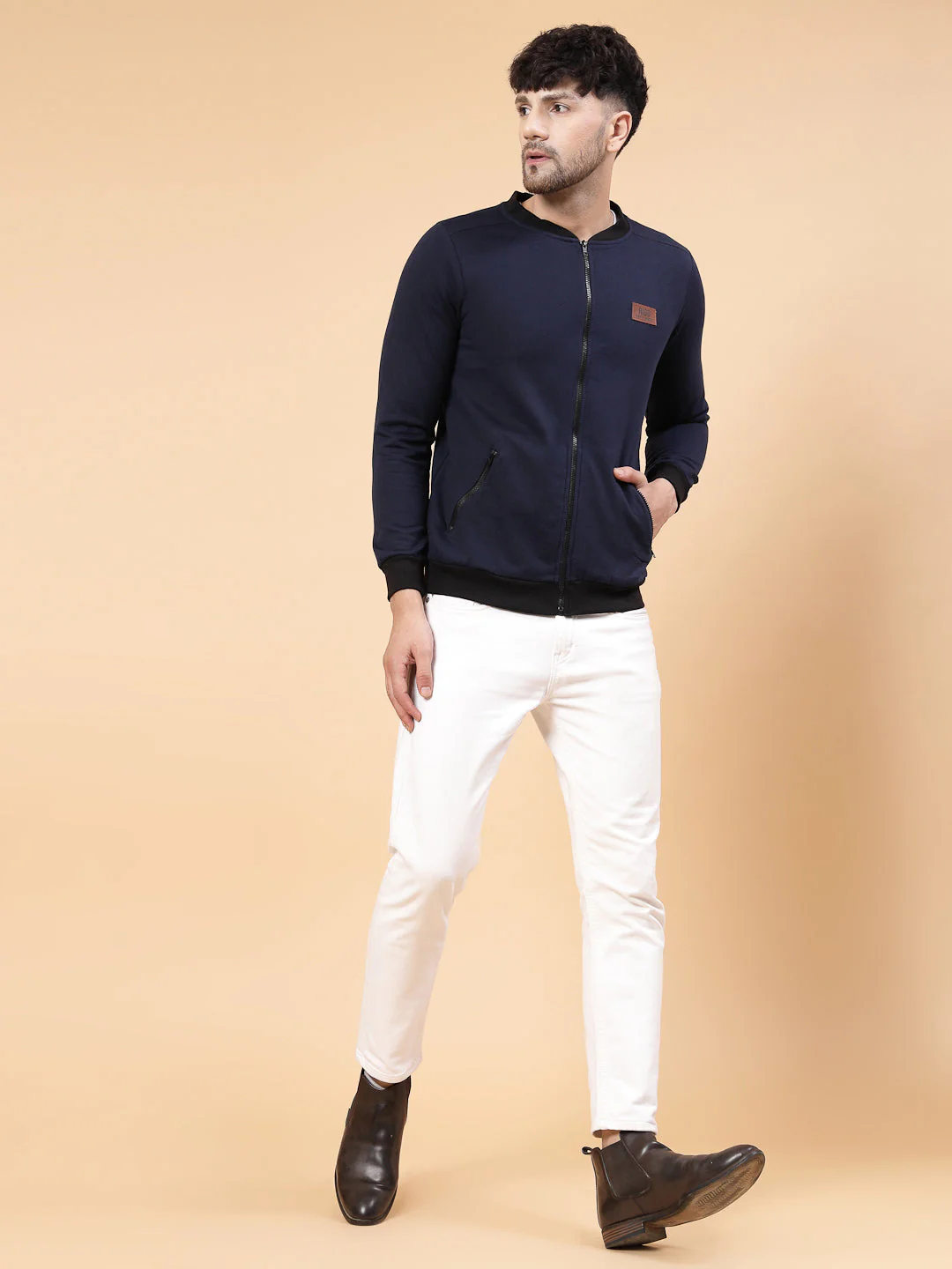 Men Front Zip With Mandarin Collar Fleece Bomber Jacket - Image 7