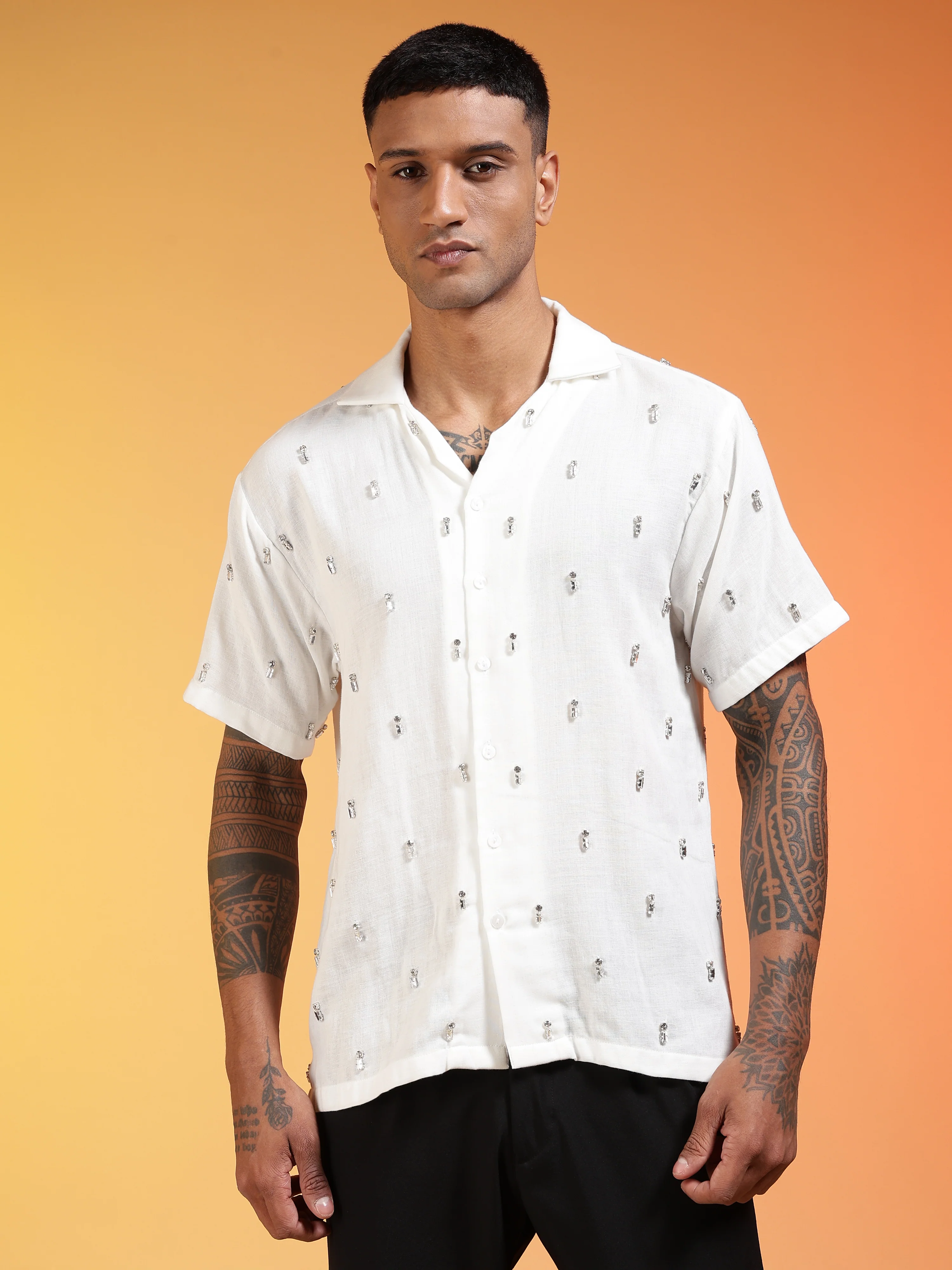 Men Frost Halo Rhinestone Gauge Cotton Shirt - Image 4