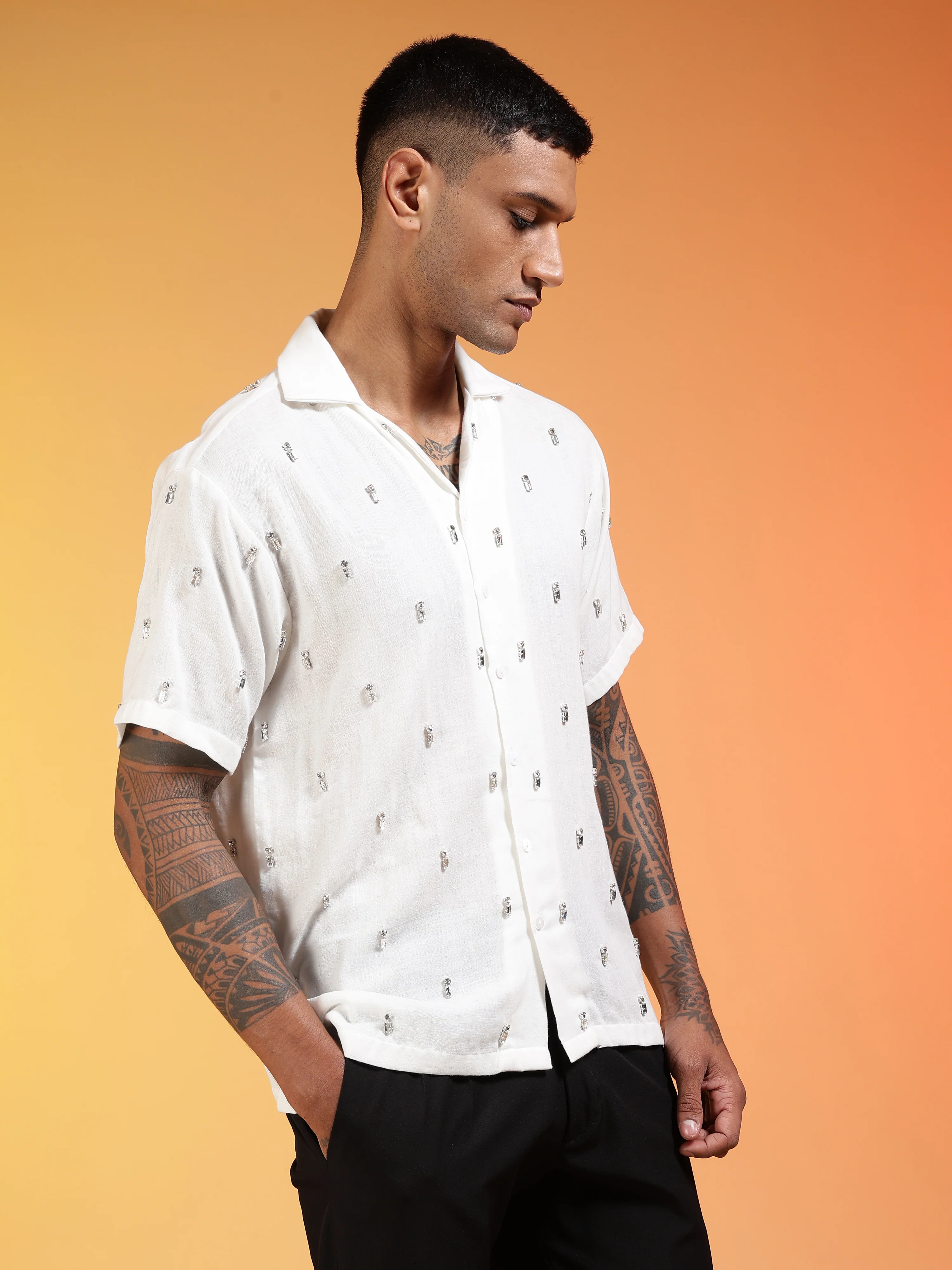 Men Frost Halo Rhinestone Gauge Cotton Shirt - Image 5