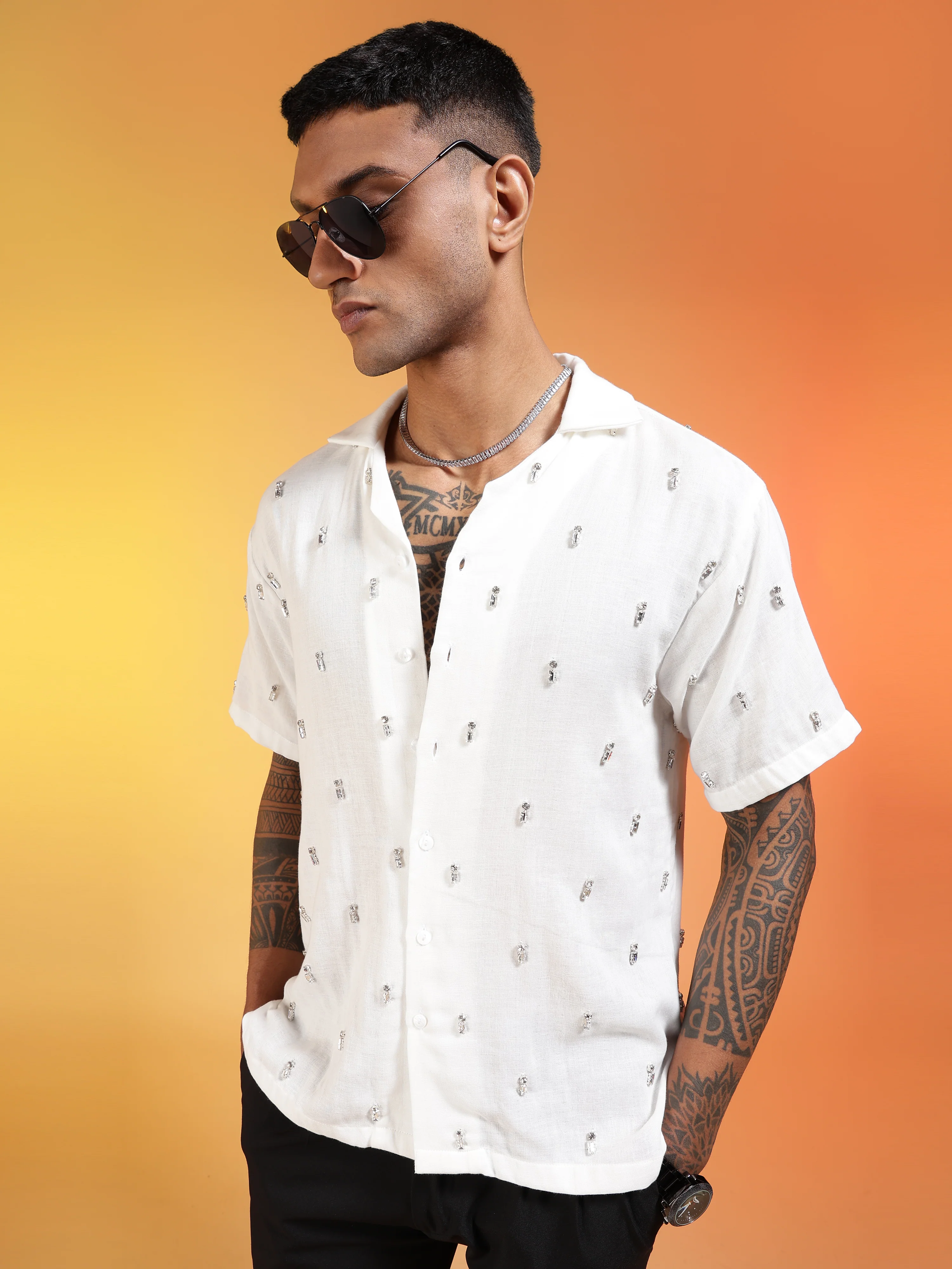 Men Frost Halo Rhinestone Gauge Cotton Shirt - Image 9