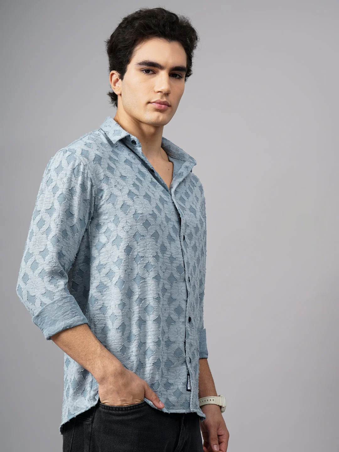 Men Furano Blue Self-Design Shirt - Image 4