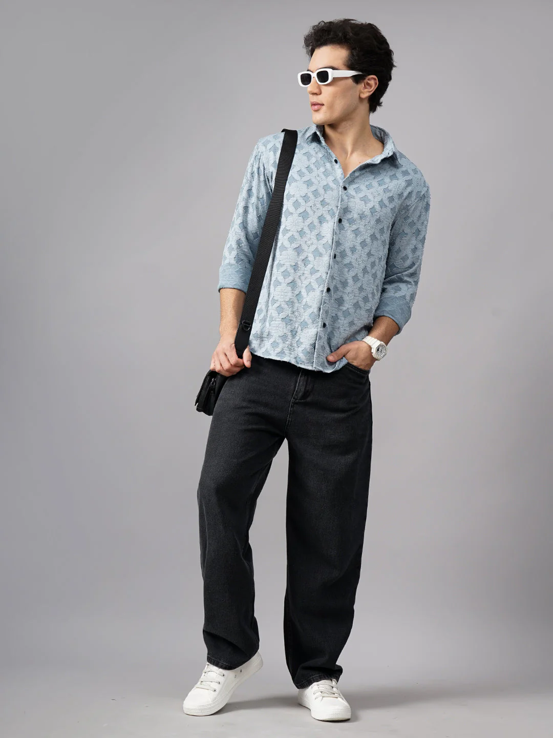 Men Furano Blue Self-Design Shirt - Image 5