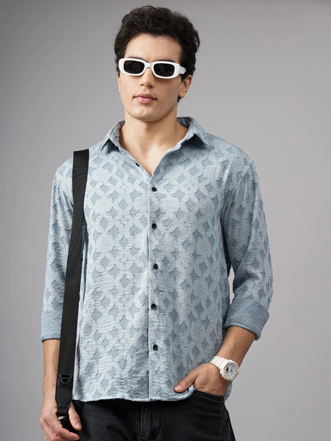 Men Furano Blue Self-Design Shirt - Image 6