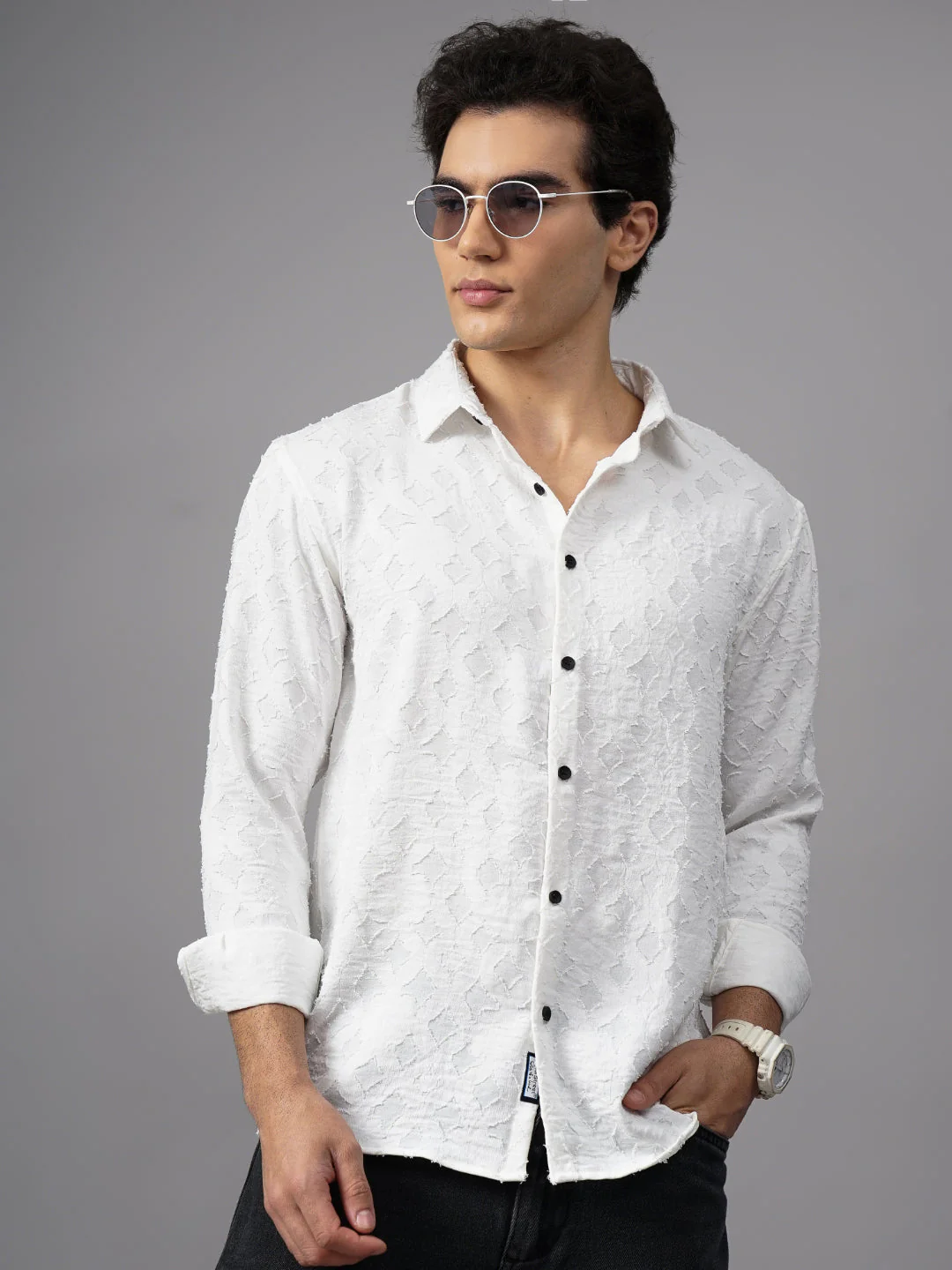 Men Furano White Self-Design Shirt - Image 2