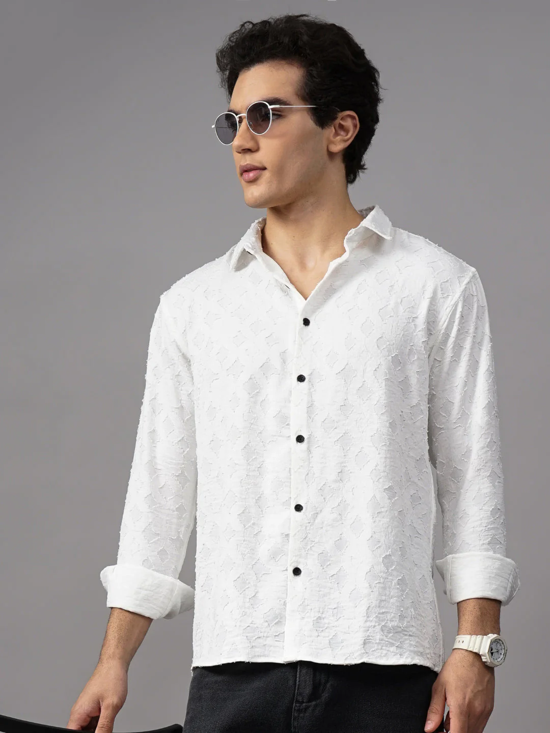 Men Furano White Self-Design Shirt - Image 4