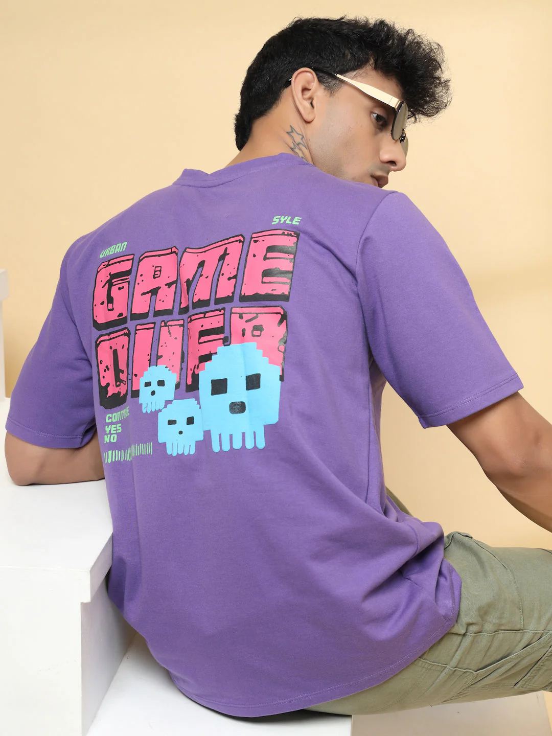 Men Game Over White Oversized Graphic Tshirt - Image 2