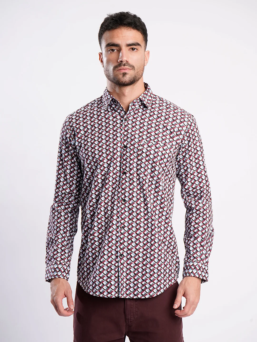 Men Geometric Print Single Pocket Shirt - Image 2