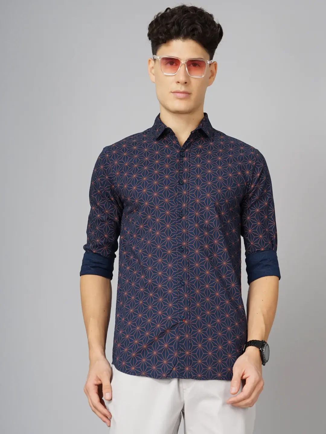 Men Geometric Printed Navy Shirt