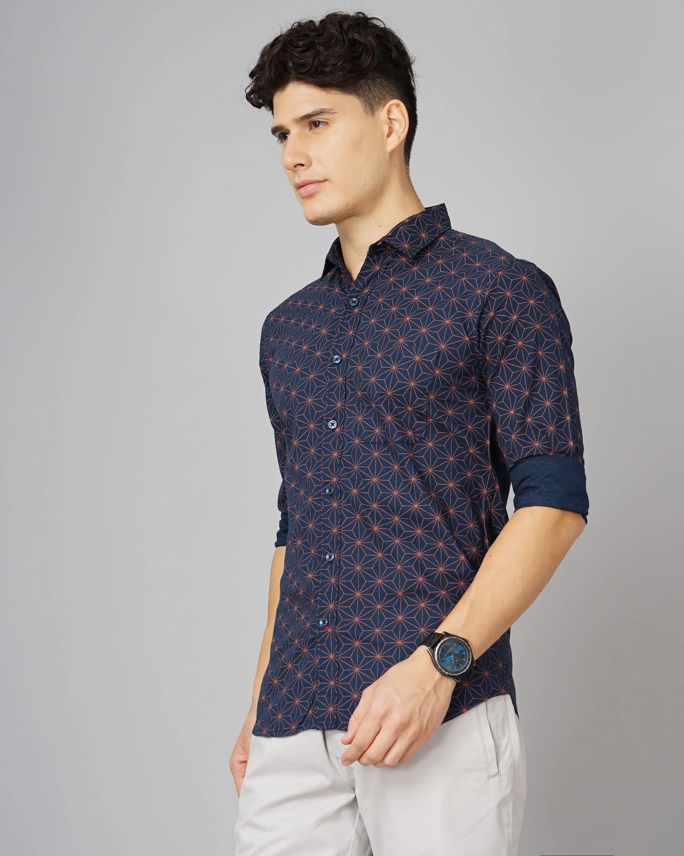 Men Geometric Printed Navy Shirt - Image 3