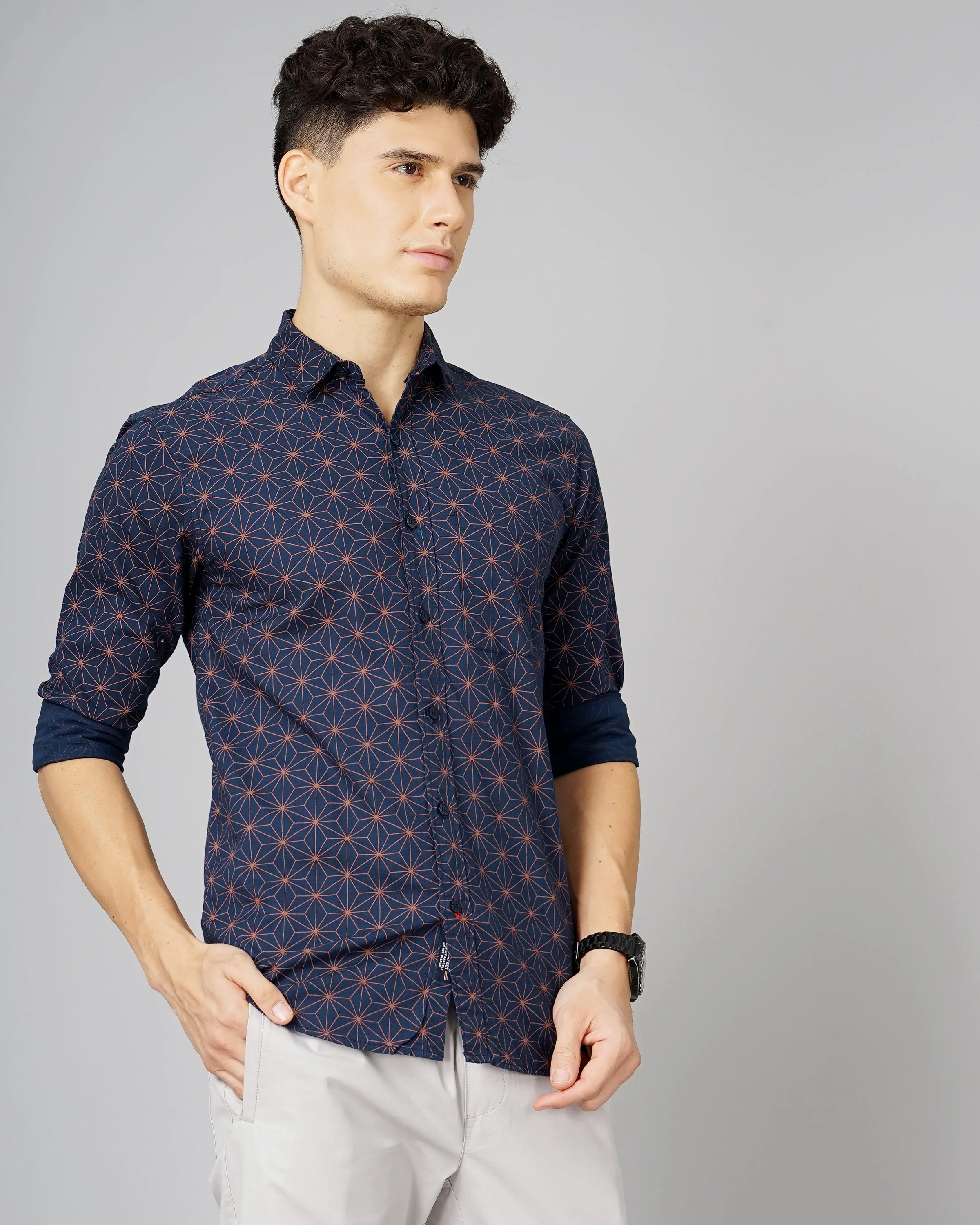 Men Geometric Printed Navy Shirt - Image 4