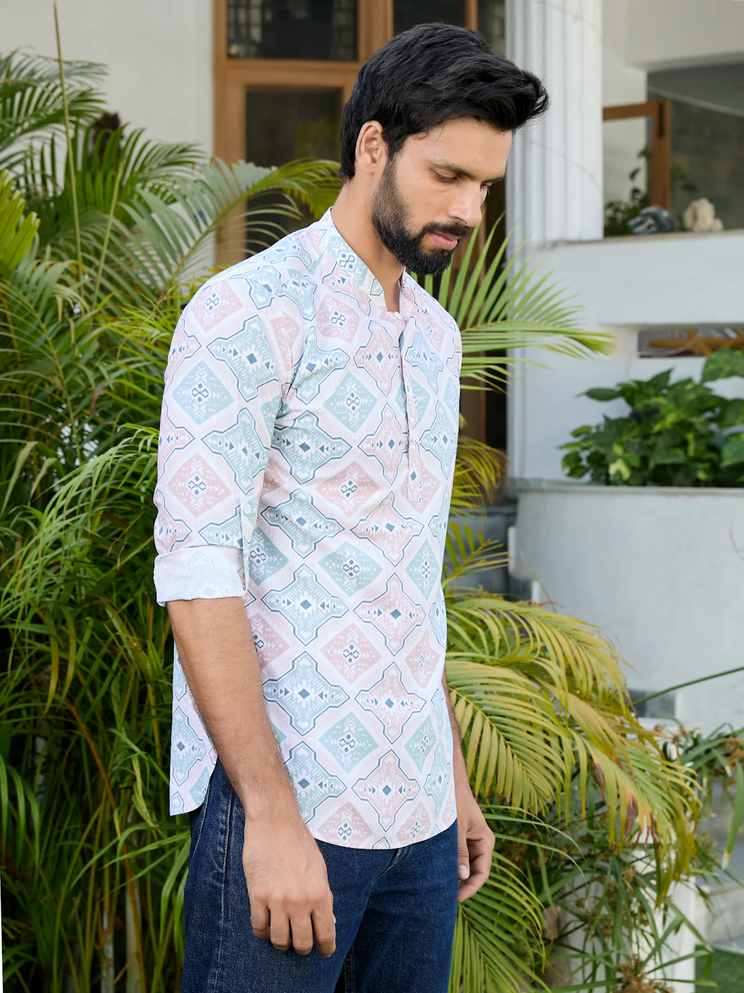 Men Geometric Rayon Short Kurta - Image 3