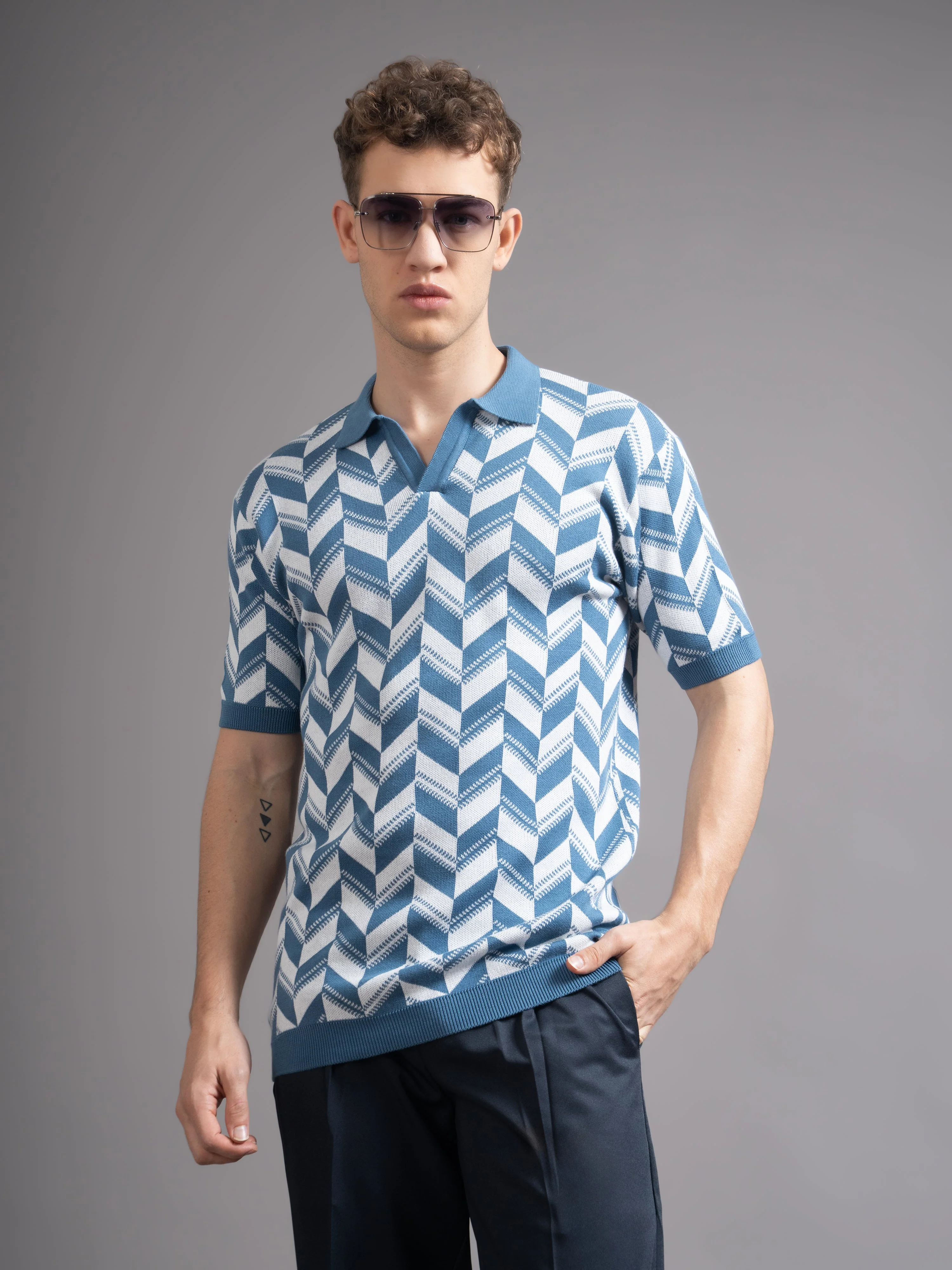 Men Ghent Blue Knit Polo T-Shirt - Image 2