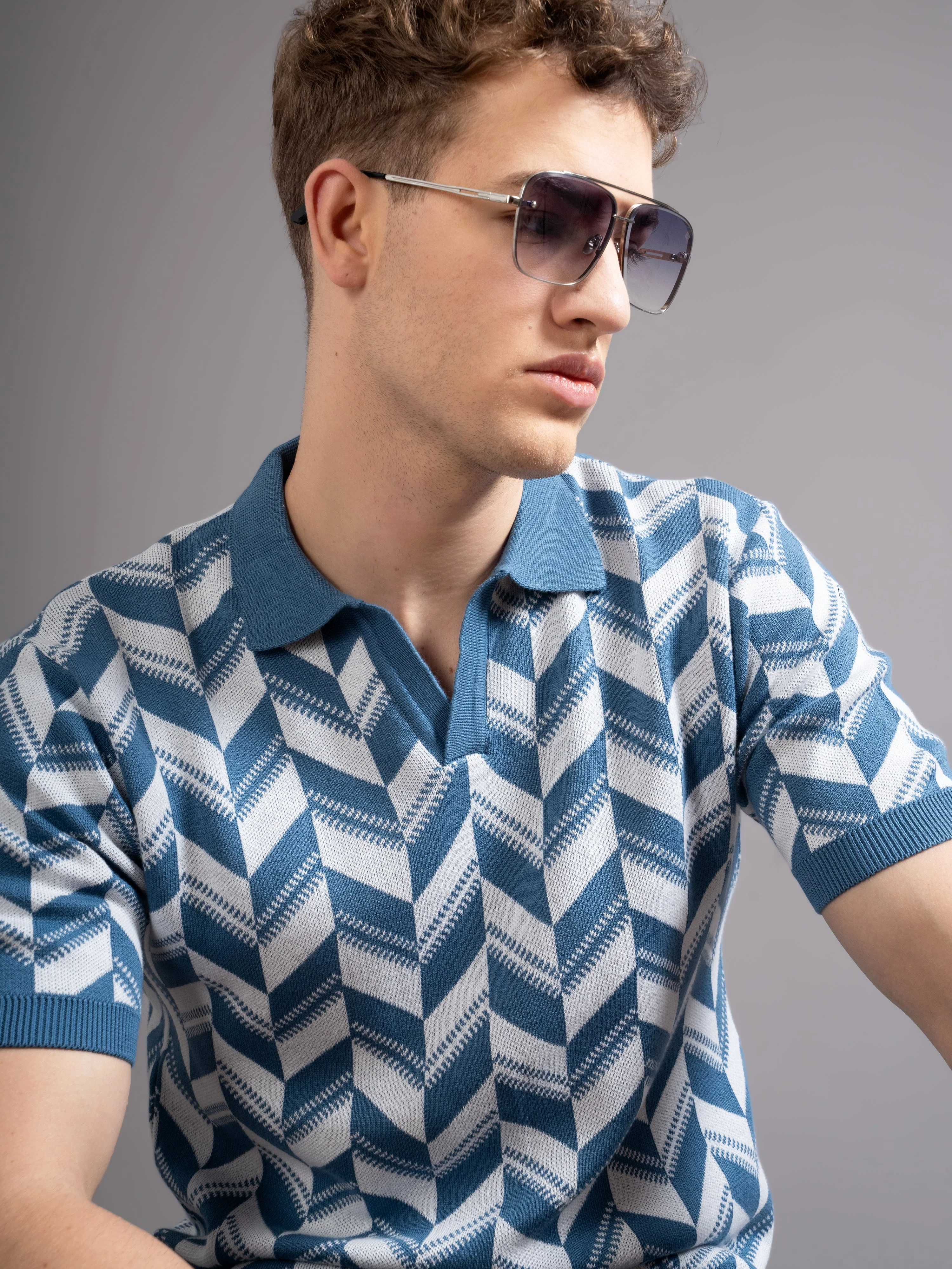 Men Ghent Blue Knit Polo T-Shirt - Image 4