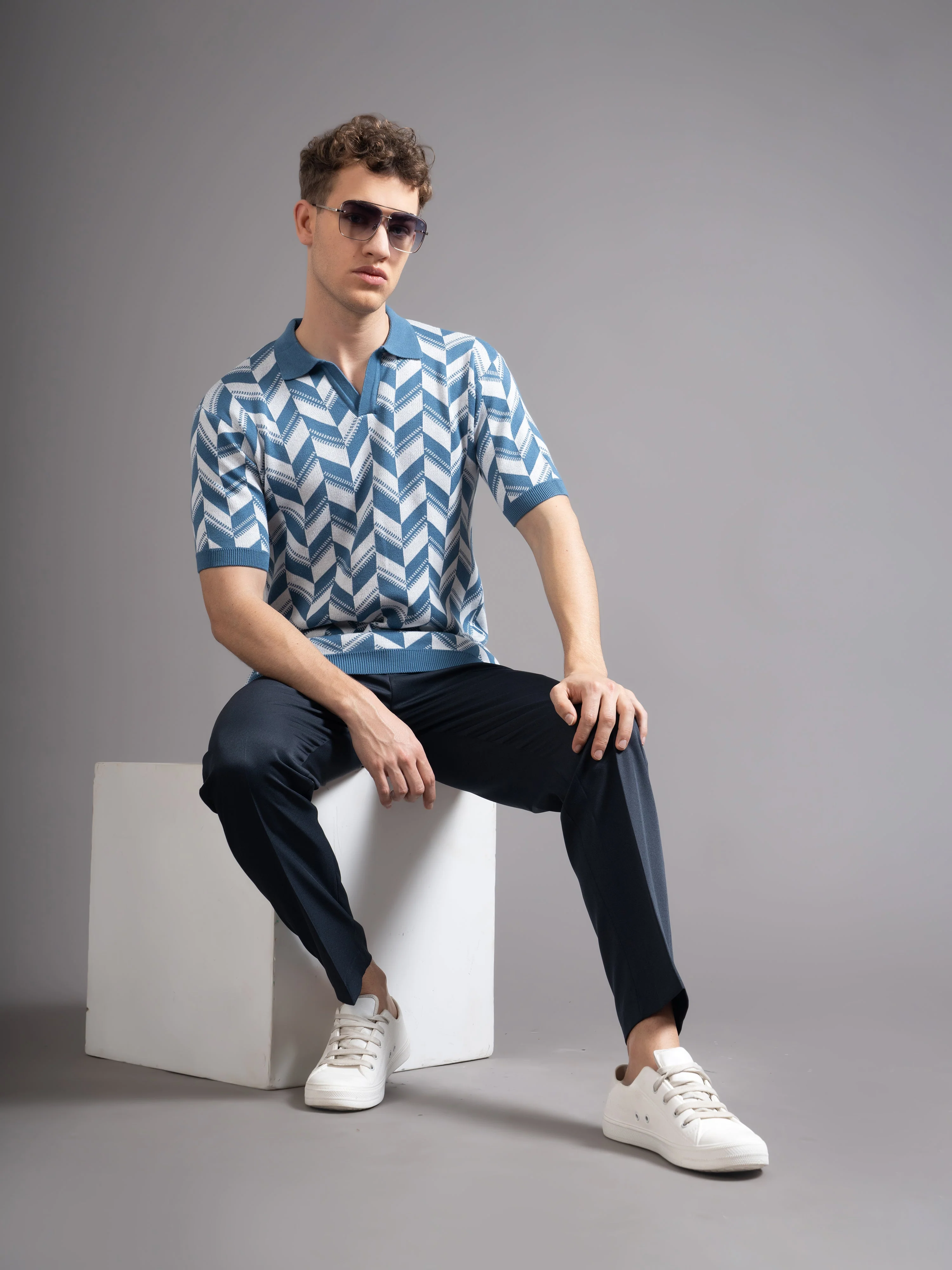 Men Ghent Blue Knit Polo T-Shirt - Image 5