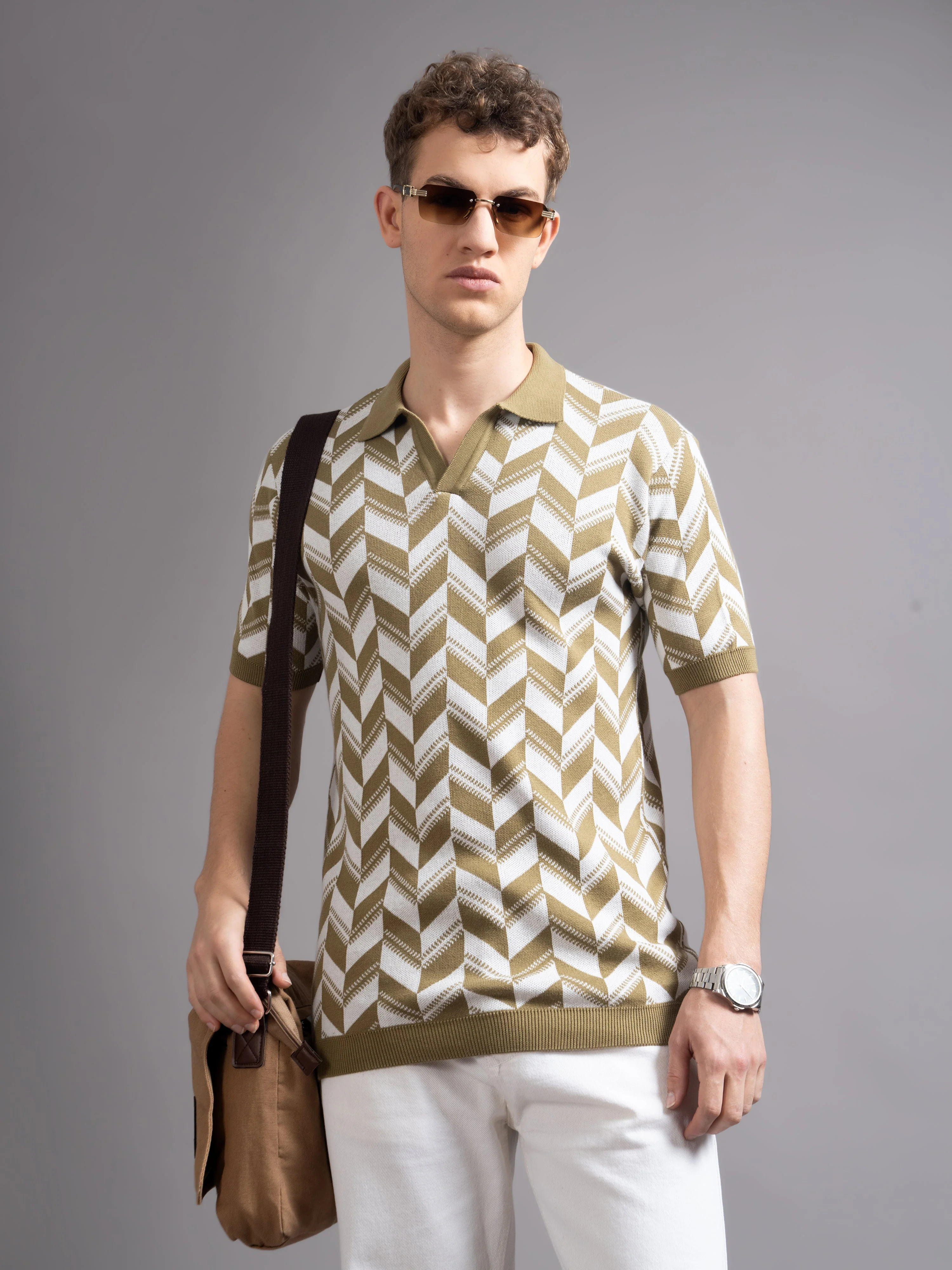 Men Ghent Brown Knit Polo T-Shirt - Image 2