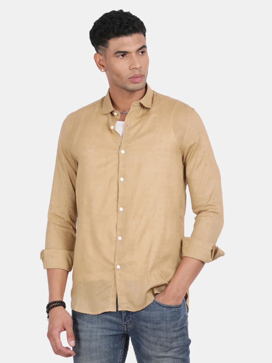 Men Gold Slim Fit Spread Collar Full Sleeve Casual Shirt - Image 2