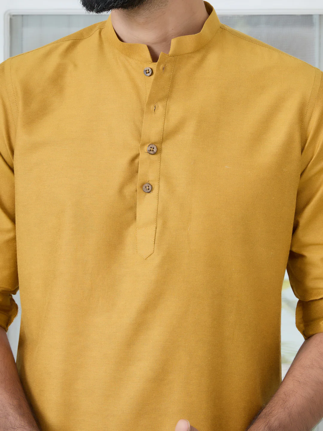 Men Golden Deluxe Cotton Short Kurta - Image 2