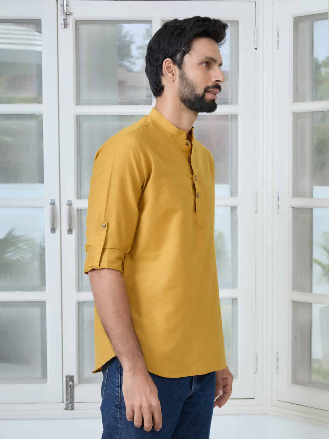 Men Golden Deluxe Cotton Short Kurta - Image 3