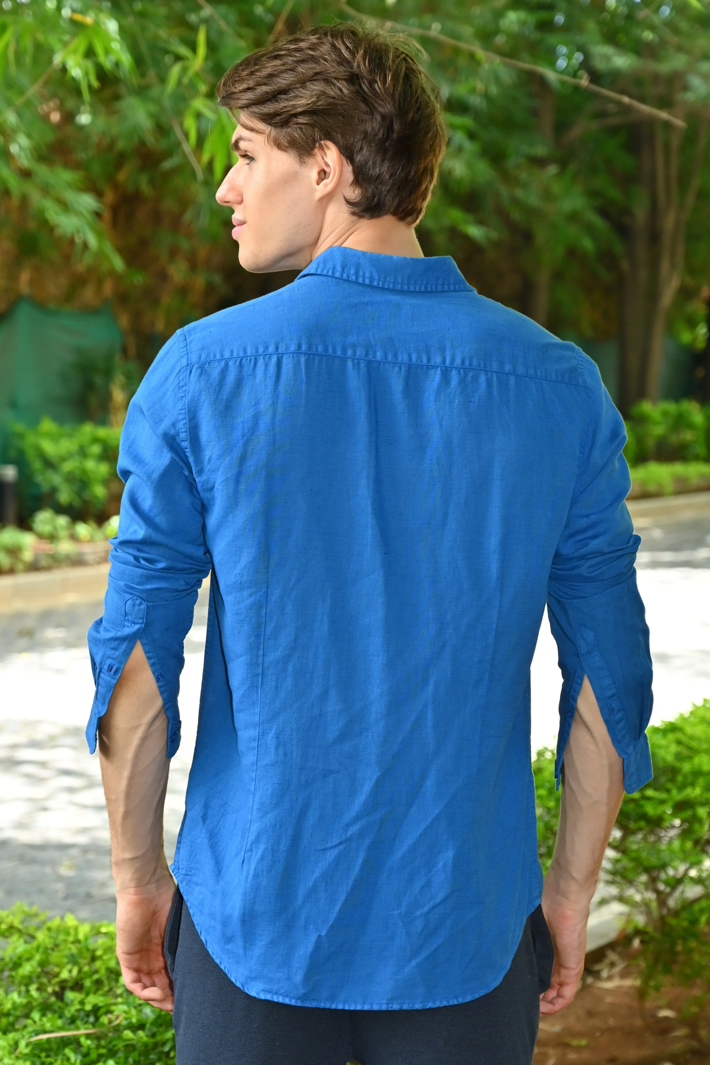 Men Goofy Cotton Linen Shirt Blue - Image 2