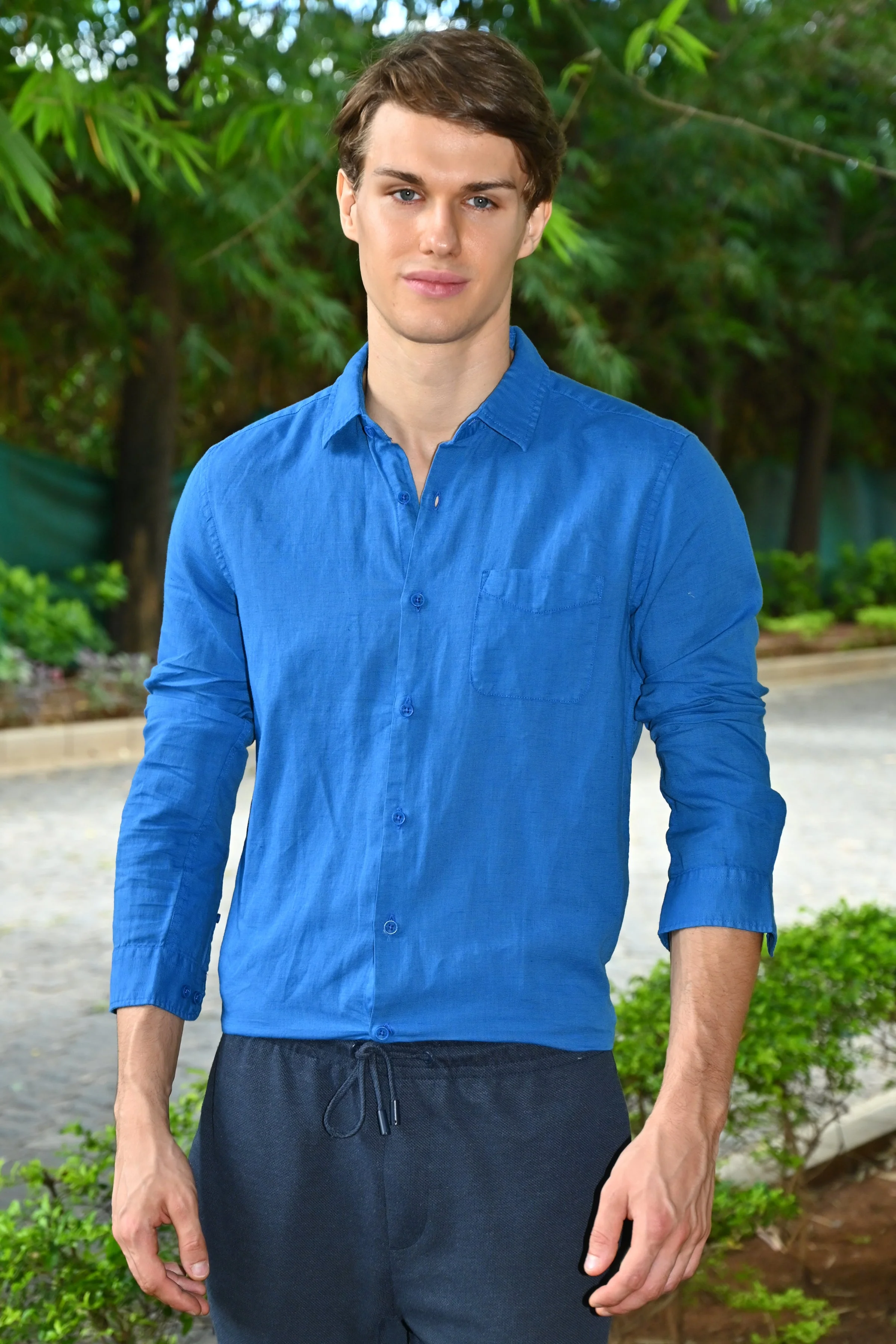 Men Goofy Cotton Linen Shirt Blue - Image 3