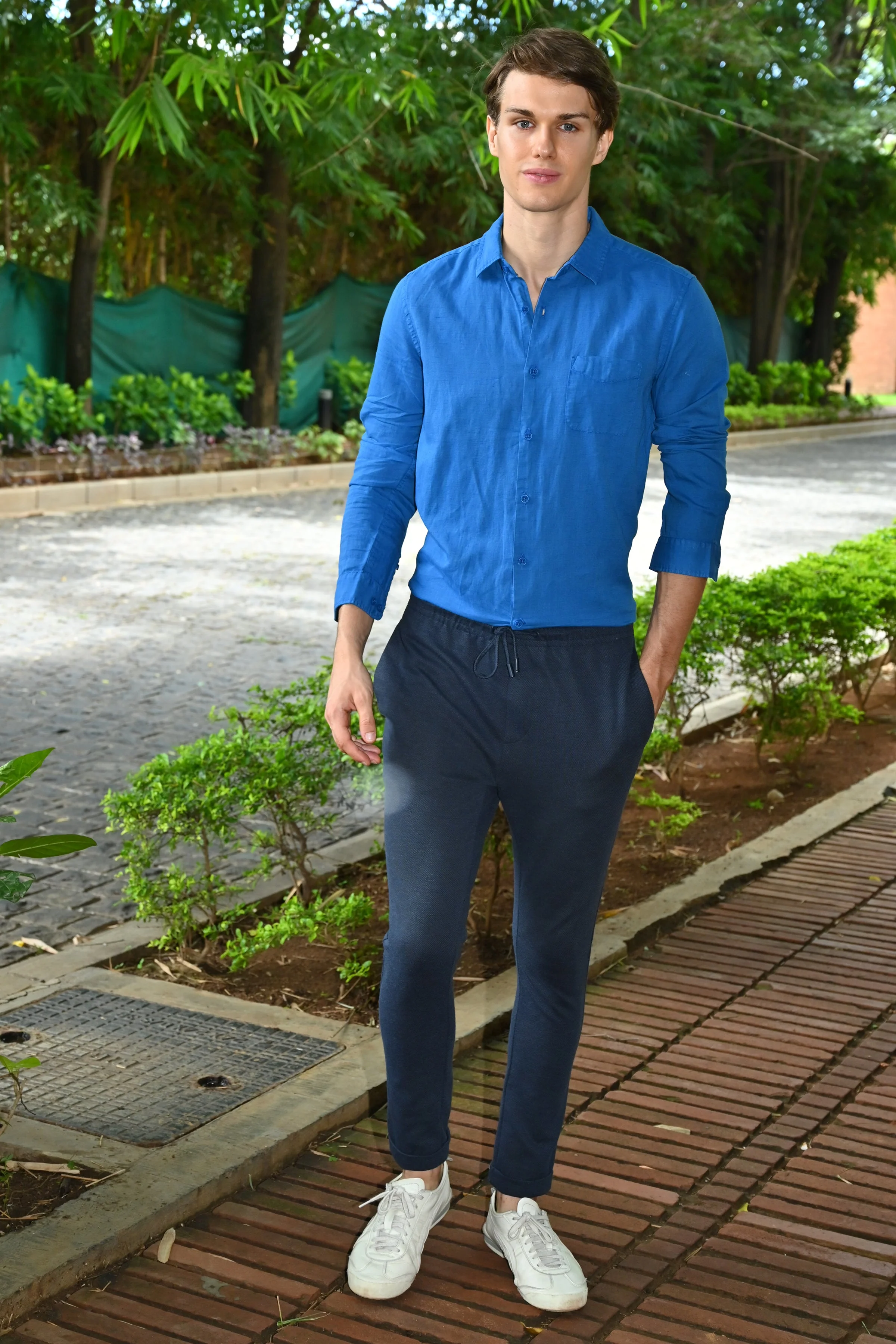 Men Goofy Cotton Linen Shirt Blue - Image 5