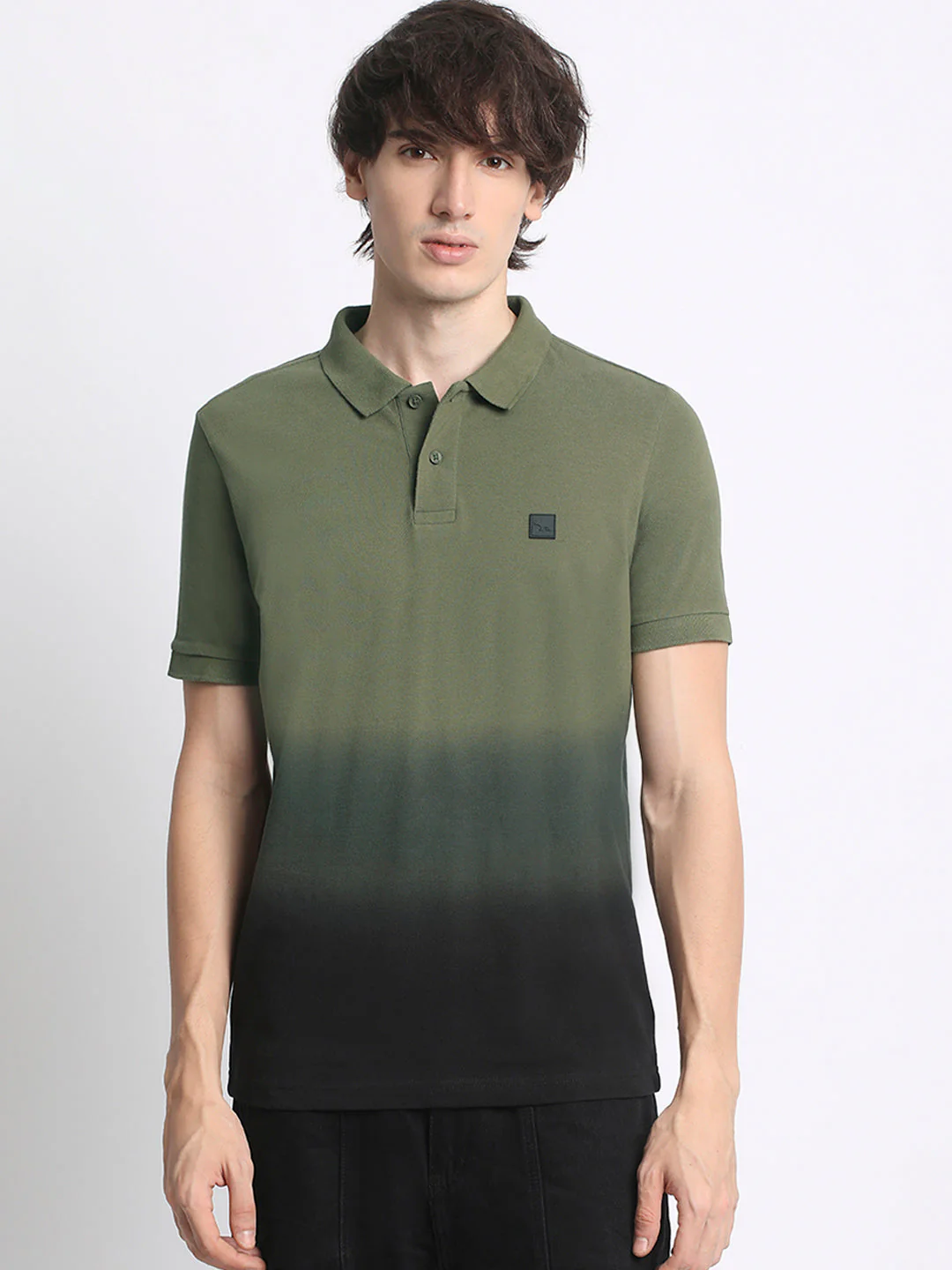 Men  Gradient Olive Green to Black Polo T-Shirt - Image 2