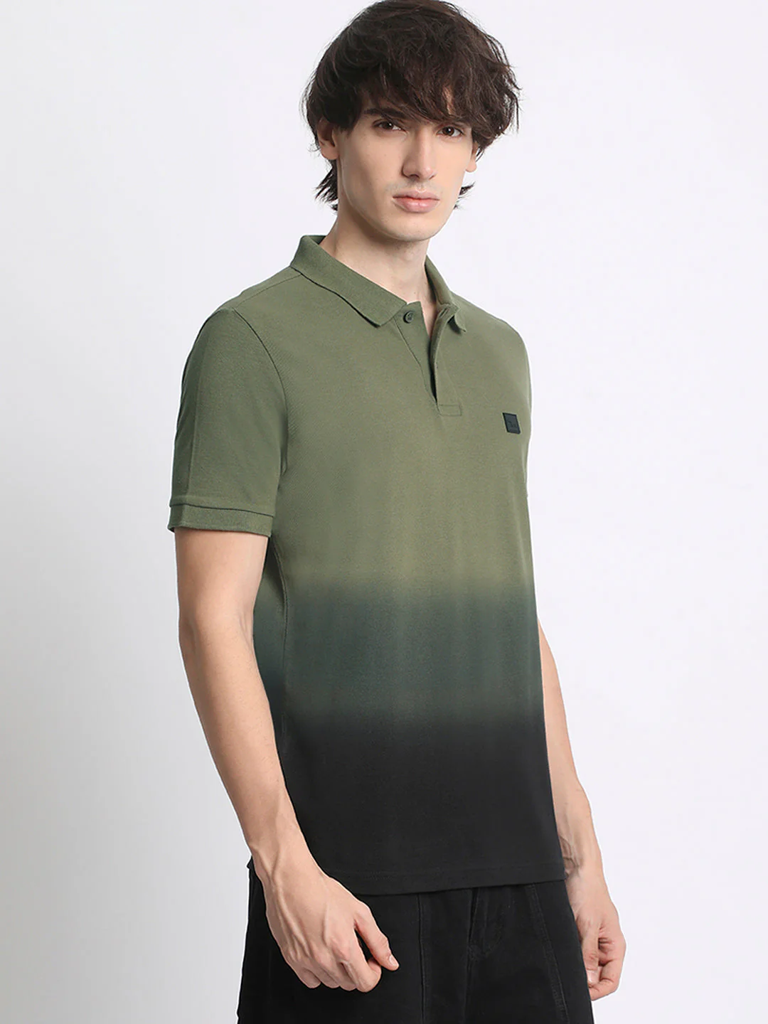 Men  Gradient Olive Green to Black Polo T-Shirt - Image 3