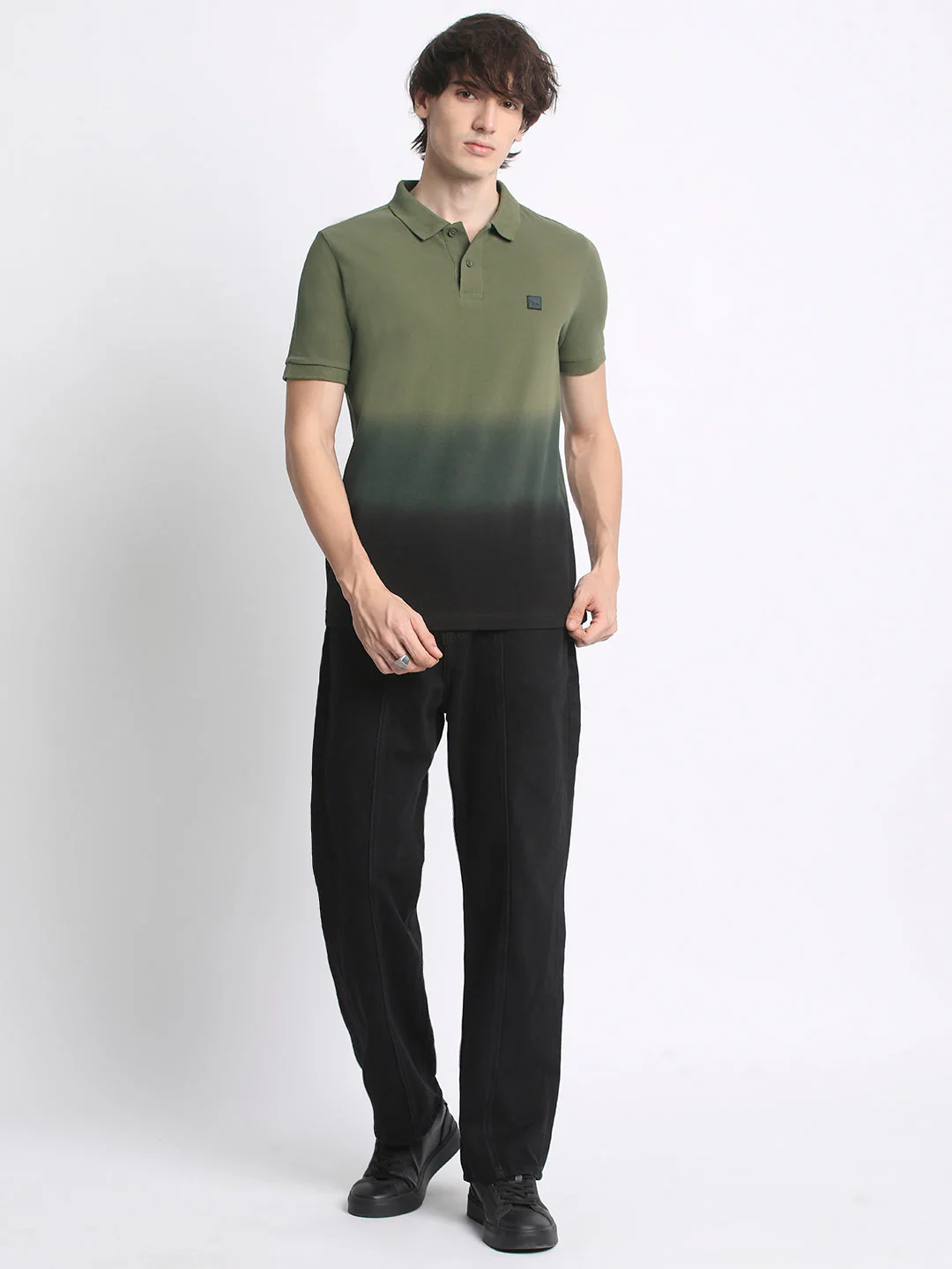 Men  Gradient Olive Green to Black Polo T-Shirt - Image 5