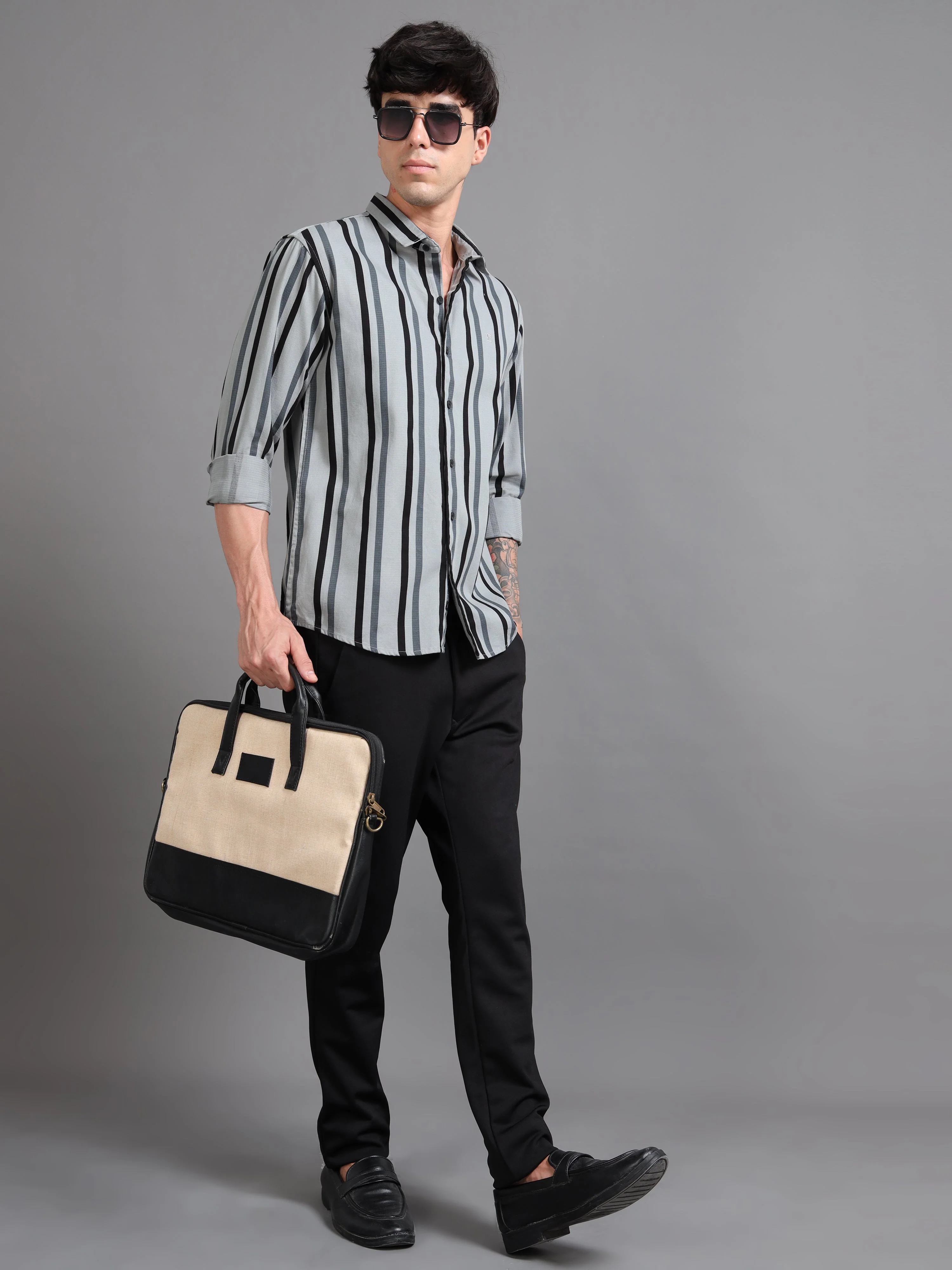 Men Graphite White Striped Shirt - Image 6