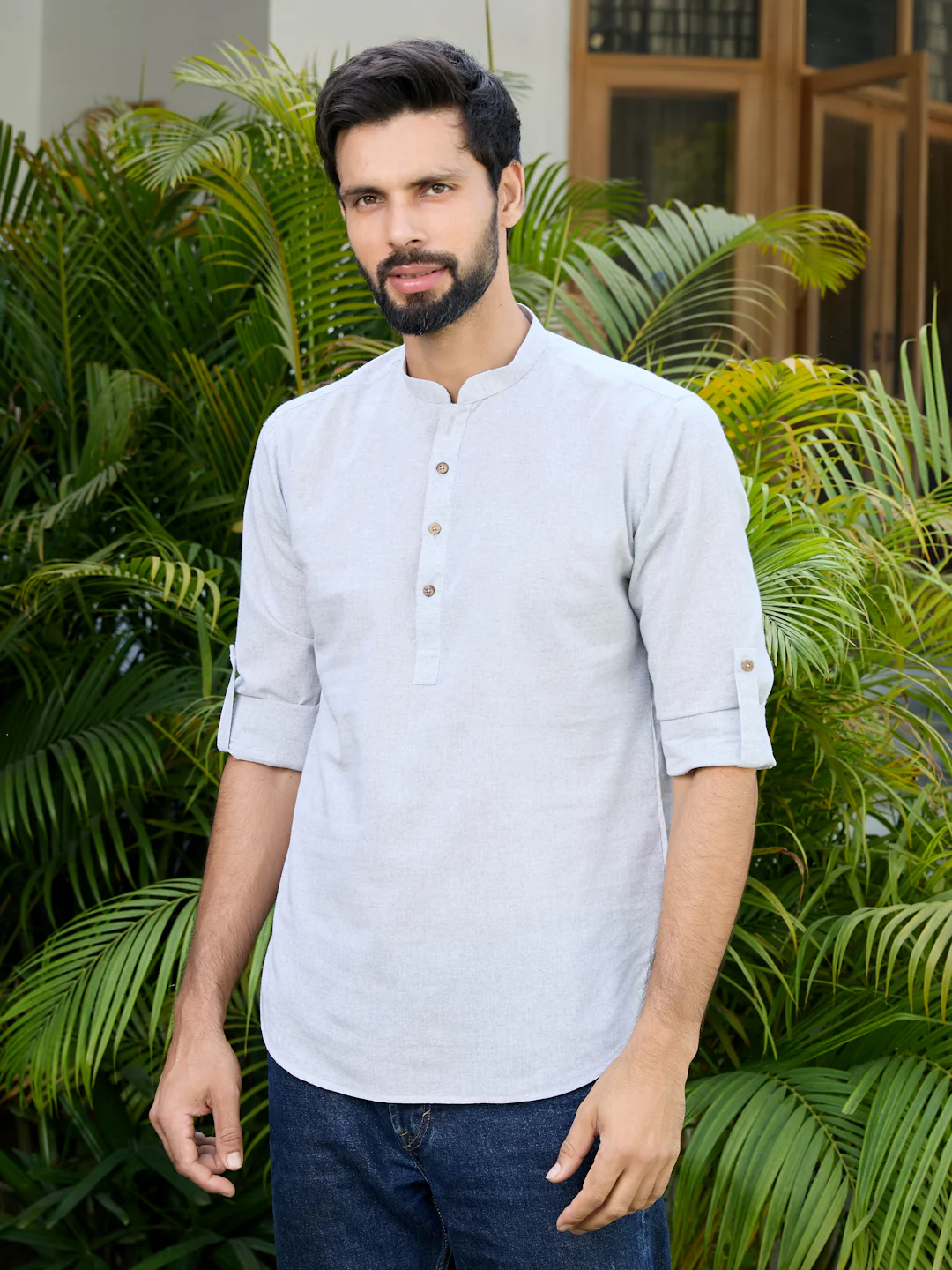 Men Gray Pure Cotton Short Kurta