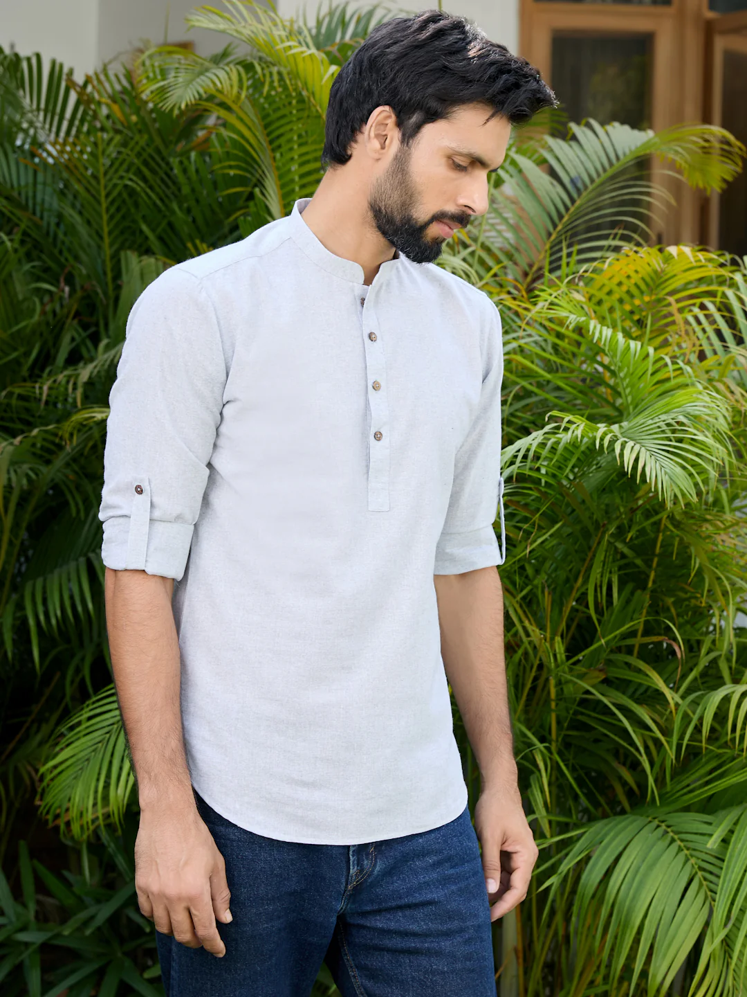 Men Gray Pure Cotton Short Kurta - Image 3