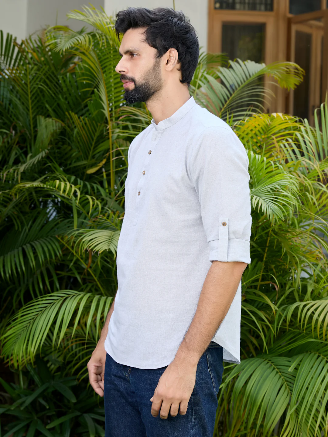 Men Gray Pure Cotton Short Kurta - Image 4