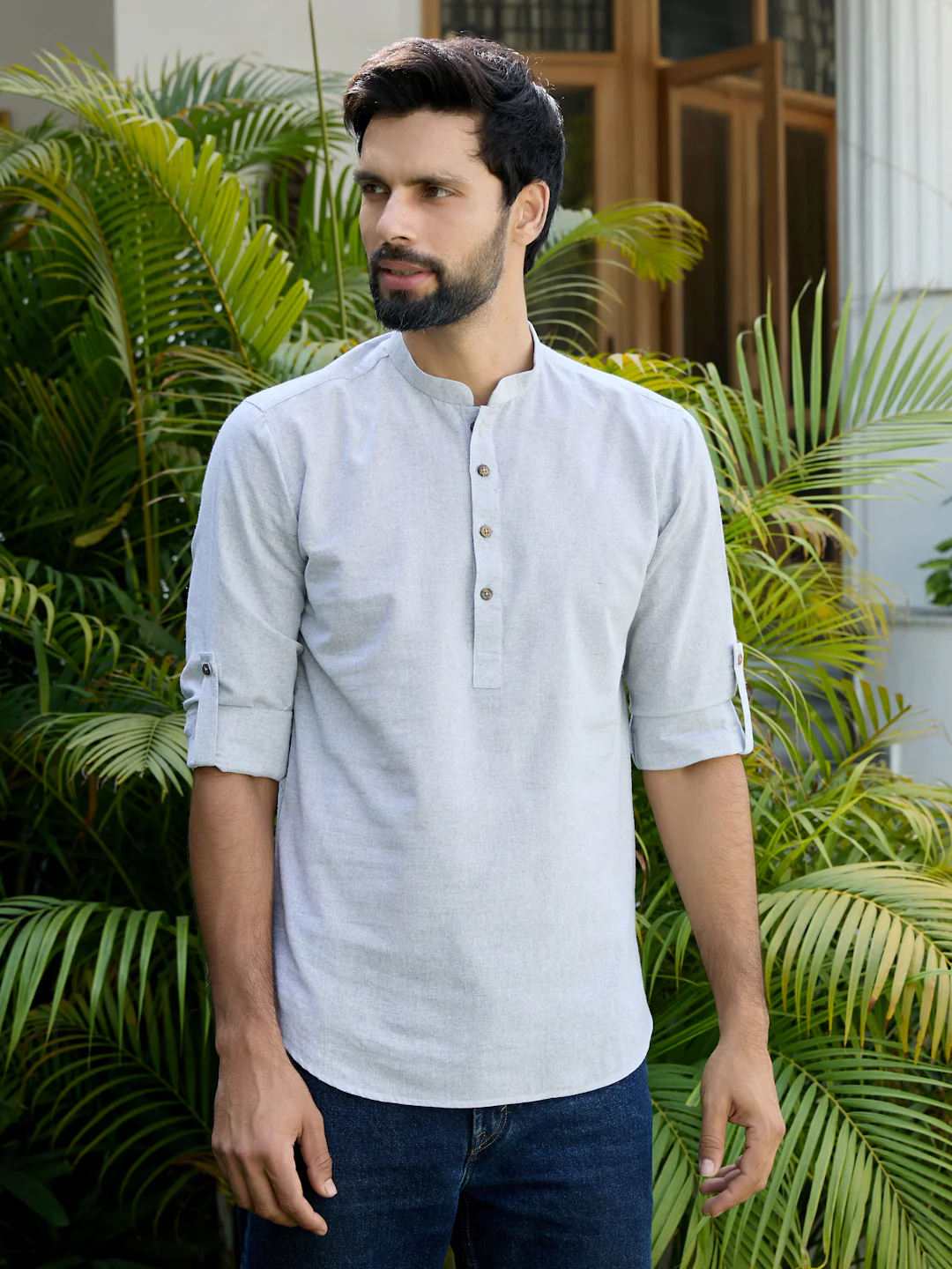 Men Gray Pure Cotton Short Kurta - Image 6