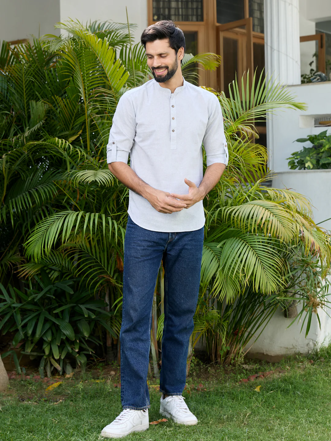 Men Gray Pure Cotton Short Kurta - Image 7